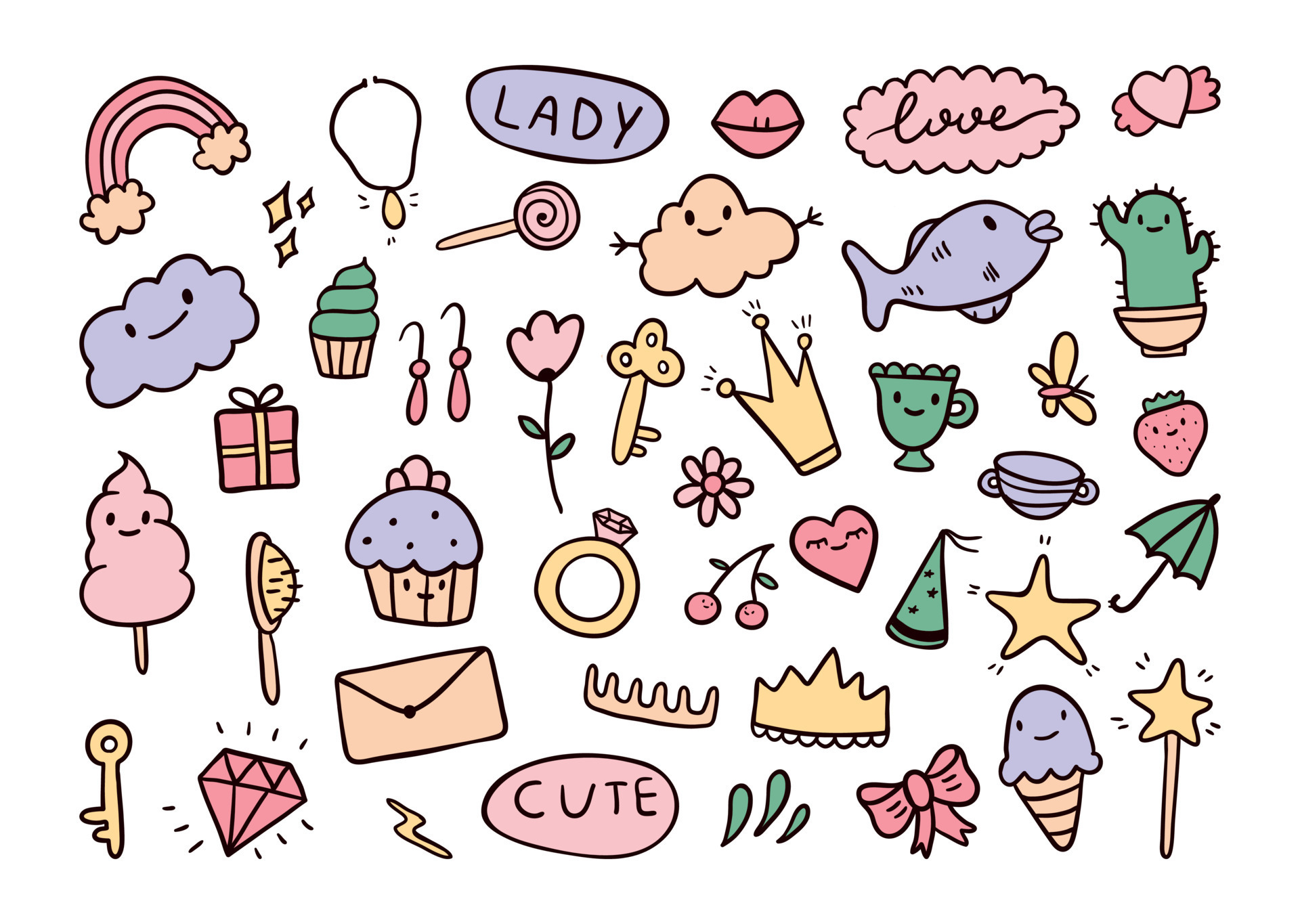 Set of vector cute isolated doodle elements. Funny kawaii kids girl