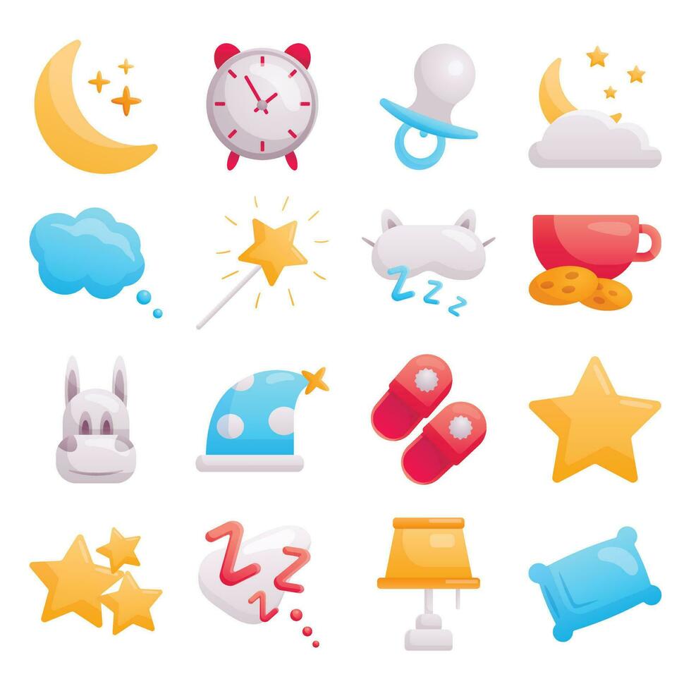 Set of modern vector flat baby icons on the topic of sleep time. Cute decorations for baby items and room. Image of the moon and stars, pillow, dreams. All pictures are isolated.