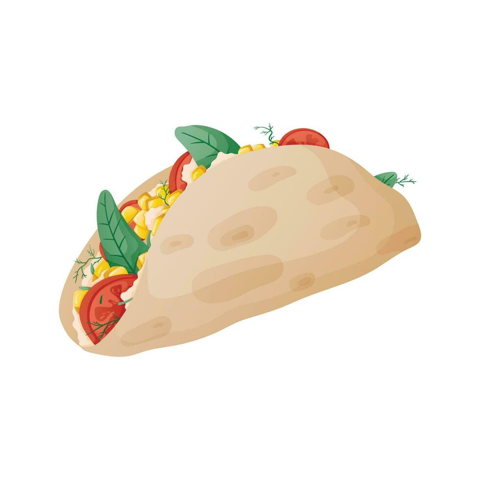 Mexican tacos flatbread with corn, herbs and tomatoes, vector isolated illustration.