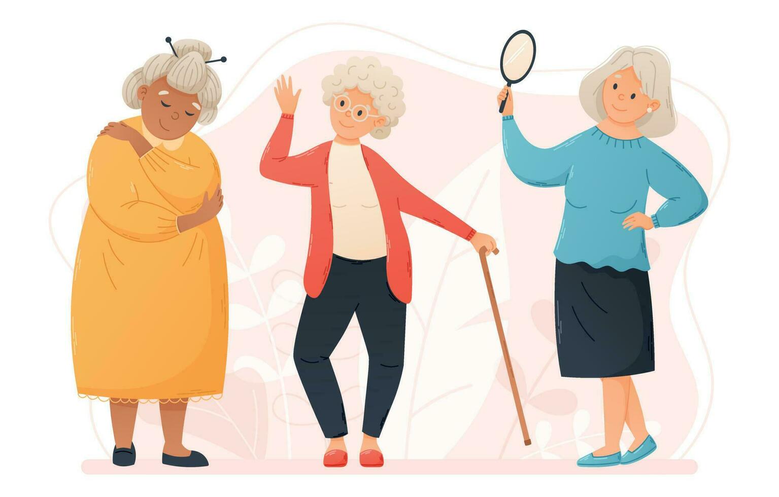 Self love concept. Cheerful old gray haired women in flat style. Vector isolated illustrations of three cartoon grandmothers hugging herself, waving and looking in the mirror.