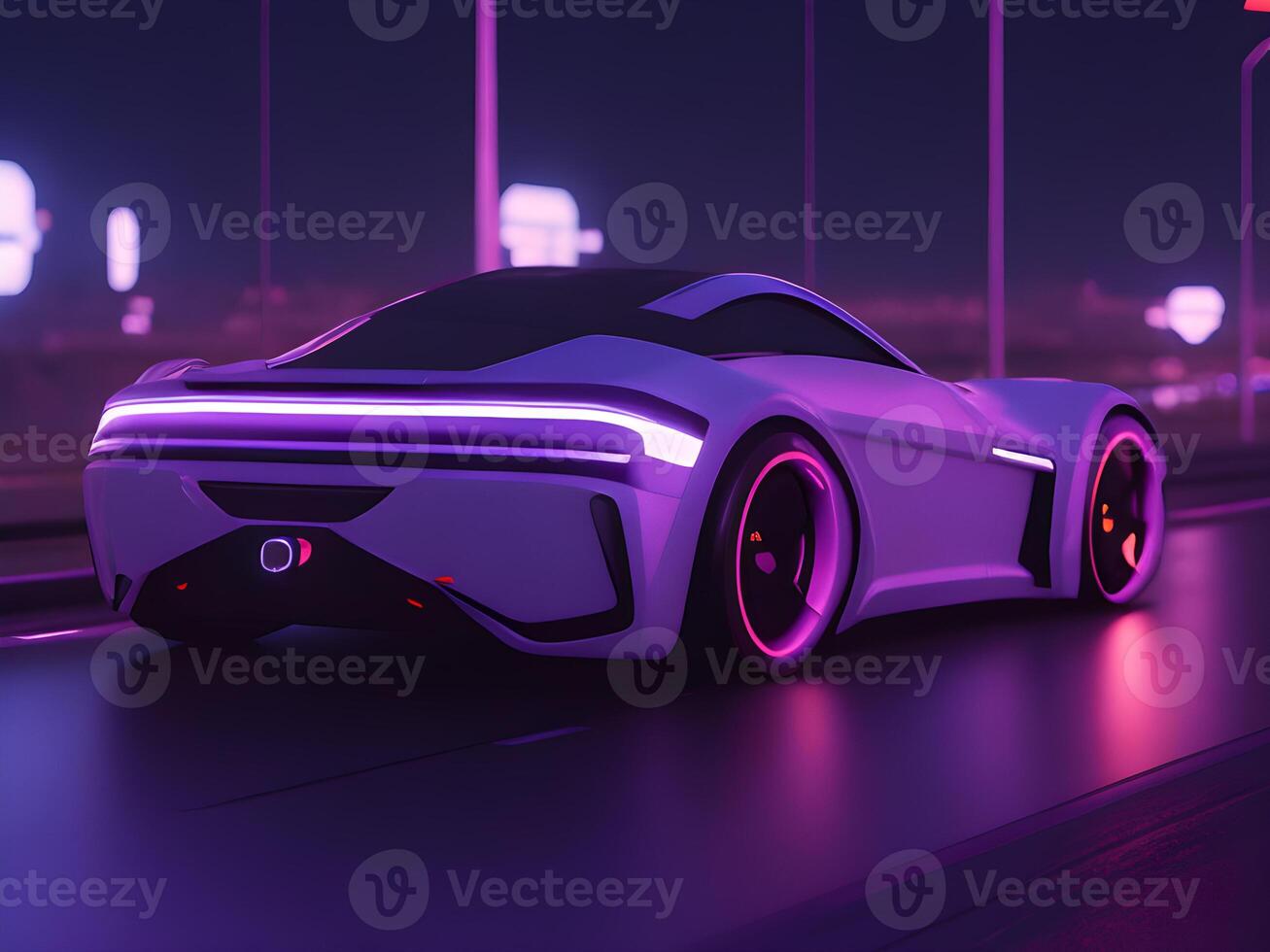 Futuristic electric concept car in cyberpunk background. photo