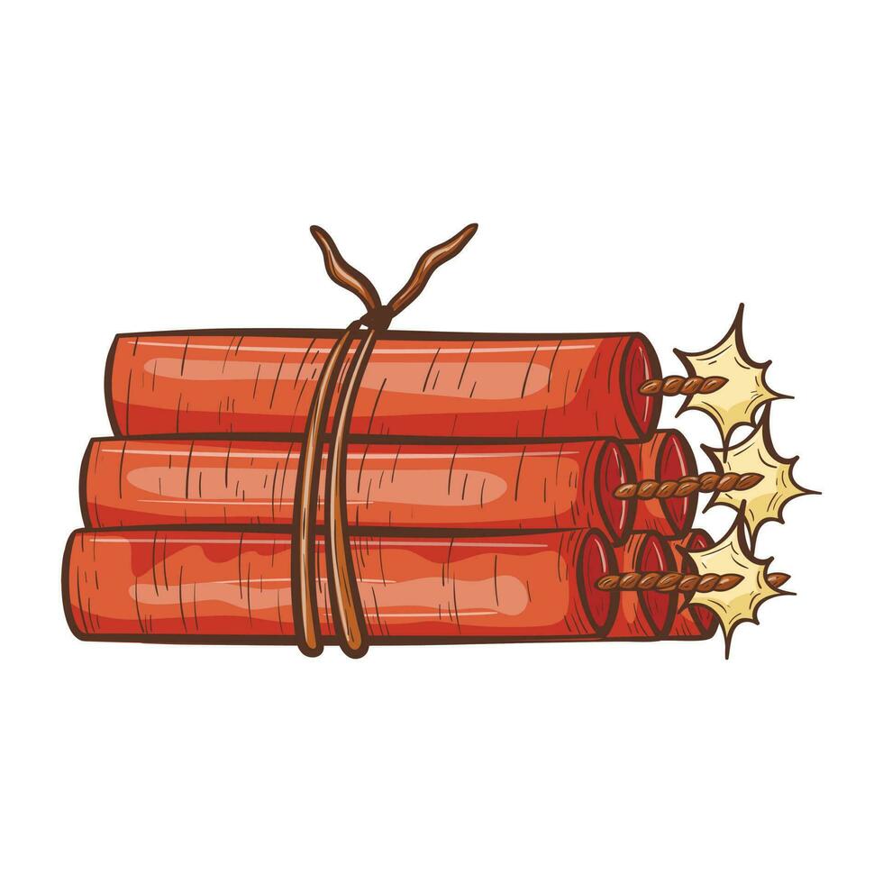 Vector isolated outline illustration on white background. Doodle image of a bundle of red dynamite or explosives. Cartoon cowboy attribute of the western world.