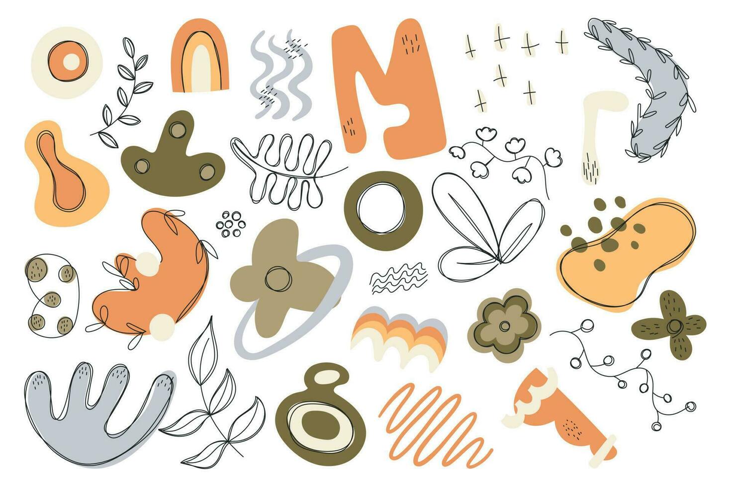 Vector set of isolated doodle design elements. Abstract flat decorative spots and blots, line branches and leaves.