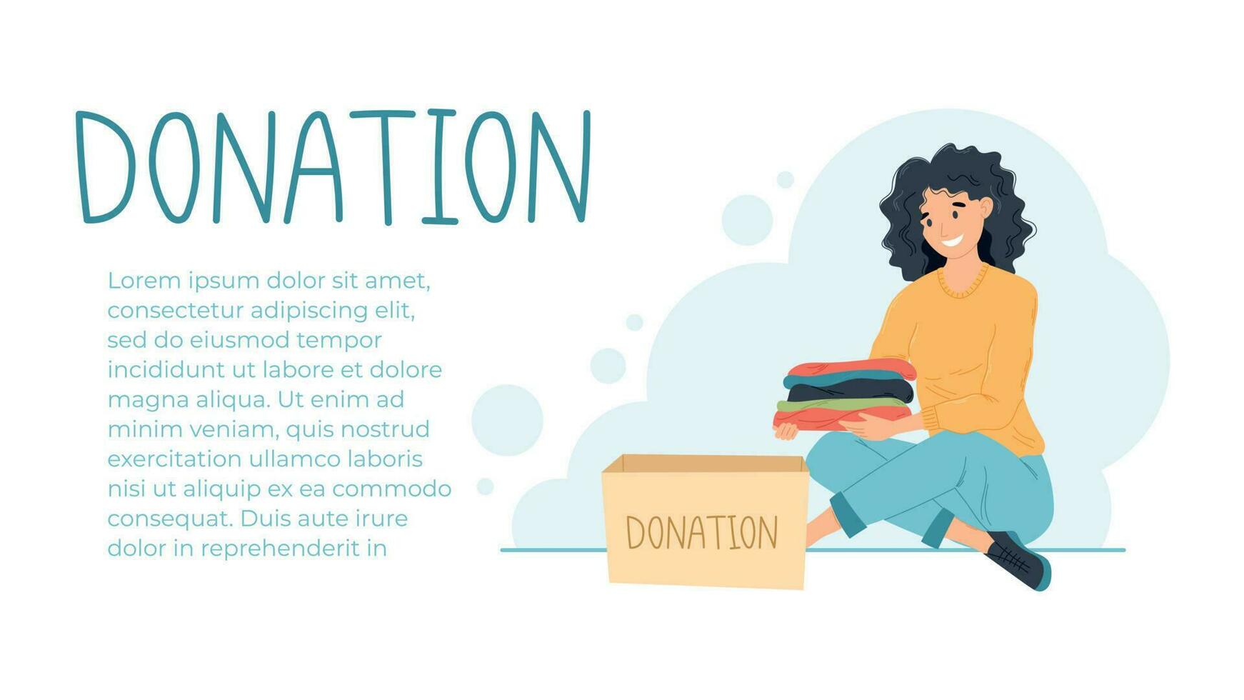 Donation of clothes and things concept. Vector banner or web page template. Flat young woman sitting on the floor and holding a stack of clothes, a cardboard box with charity.