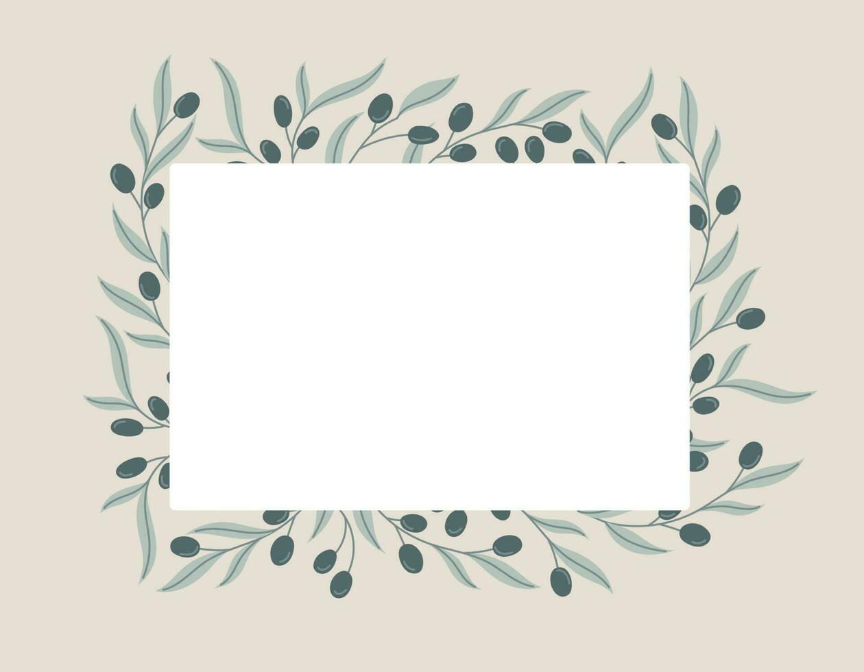 Rectangular vector isolated sticker or label with decorative frame of olive branches with black berries and leaves in flat style.