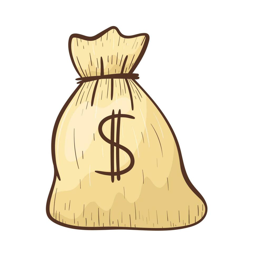 Vector isolated doodle cowboy image. Line art bag with gold or money, coins.