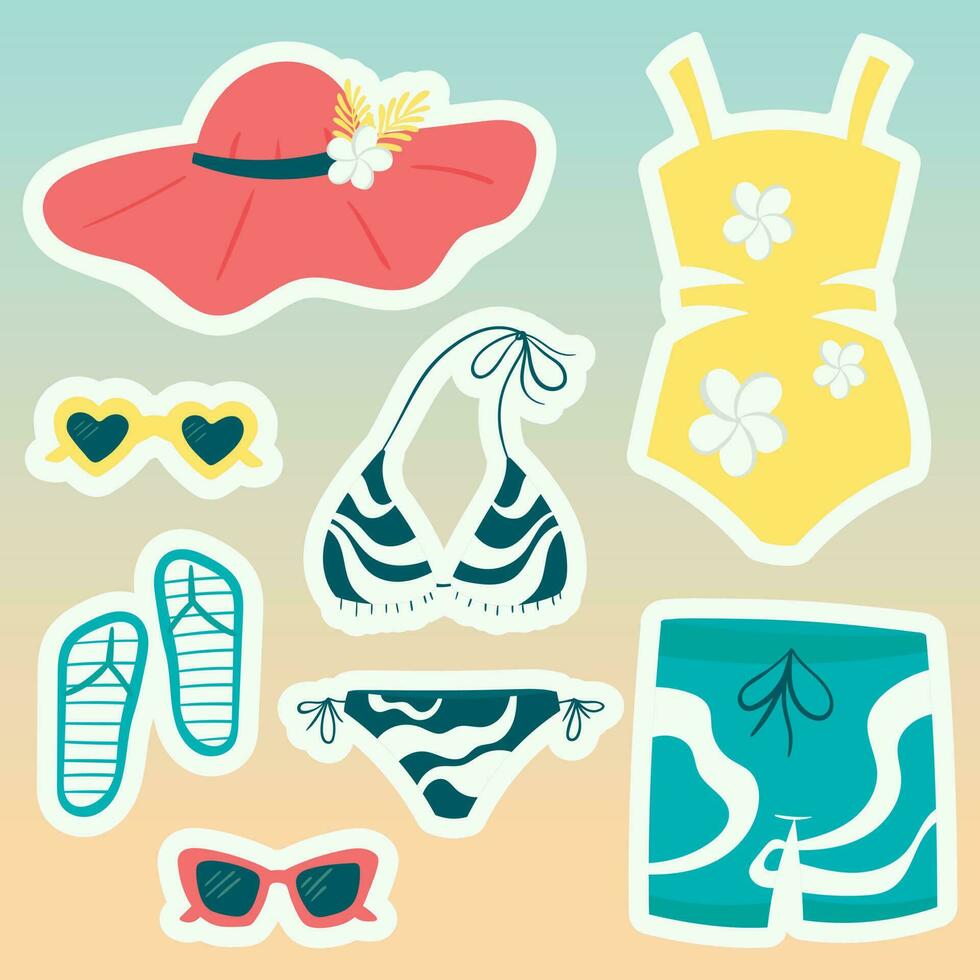 Set of cartoon vector icons or stickers. Summer illustrations, beachwear and shoes, collection of bikinis, swimming trunks and sunglasses in bright colors. Design elements.