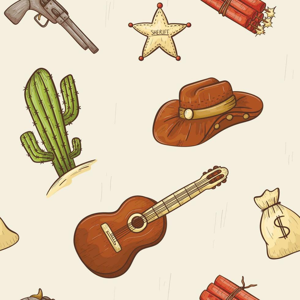 Seamless pattern doodle vector isolated icons in country style. Line art cowboy design elements. Outline wild west print or decoration stickers.