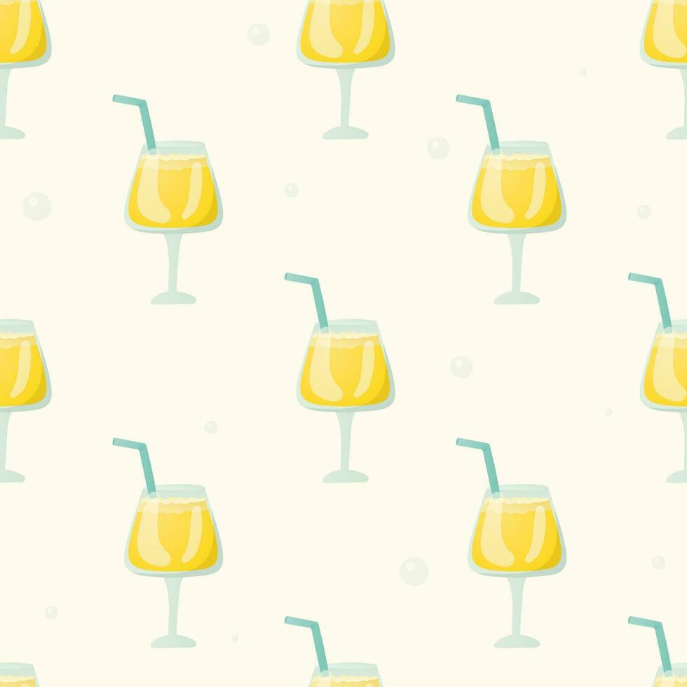 Cartoon seamless pattern with refreshing drinks in a glass. Summer yellow alcoholic or non-alcoholic cocktail or juice. Wallpaper with lemonade icons with drinking straws. vector