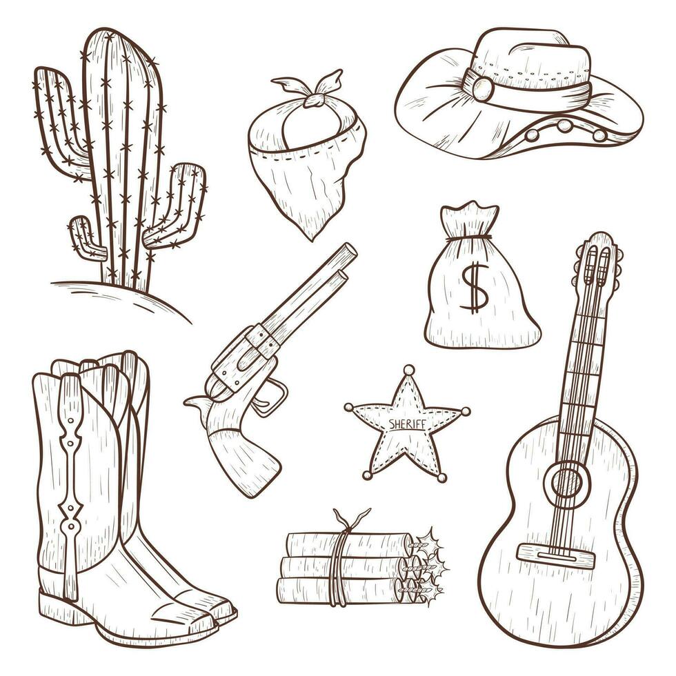 Set of vector isolated icons in country style. Cowboy design elements in line art style. Outline wild west print or decoration stickers.