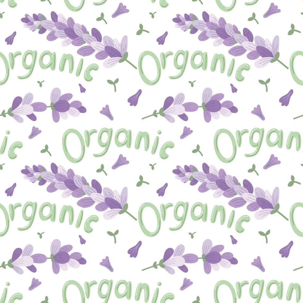 Cartoon lavender branches with petals and text lettering organic. Vector seamless floral pattern in flat style.