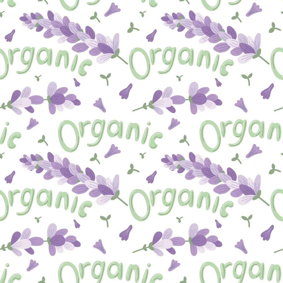 Cartoon lavender branches with petals and text lettering organic. Vector seamless floral pattern in flat style.