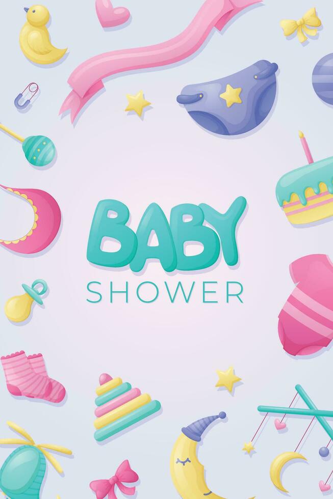 Cartoon baby shower concept. Vector background or banner with a frame of children toys and accessories.