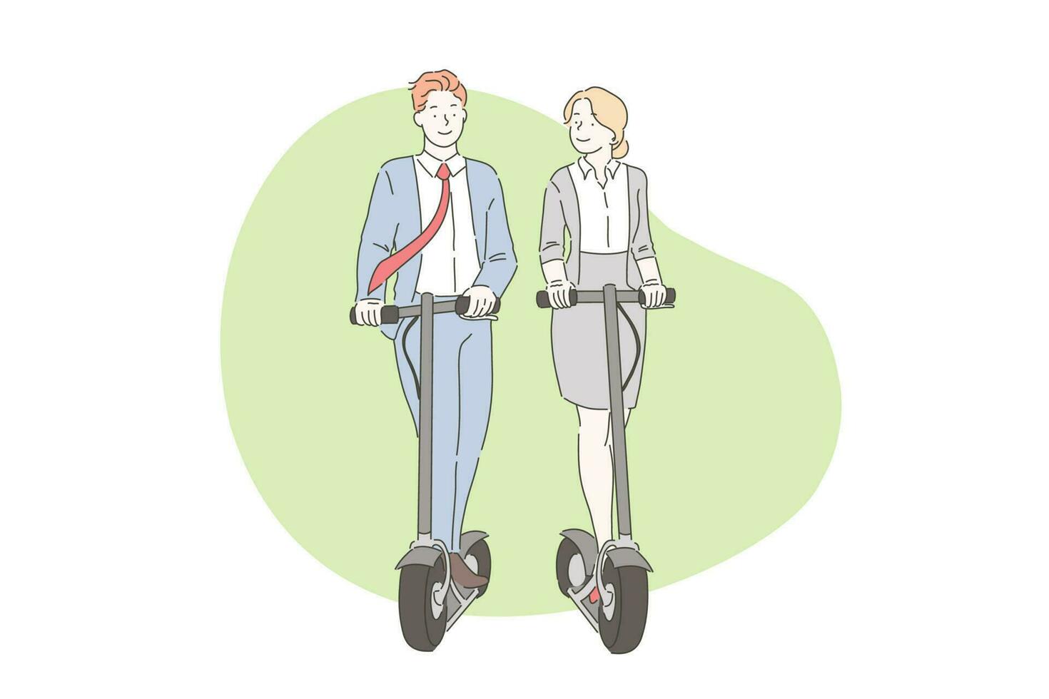 trabajo en equipo, negocio, moderno, scooters concepto. joven sonriente activo hombre y mujer empresarios moverse en gyroboards en el calle o oficina. estilo de vida, reunión compañeros vector plano diseño.