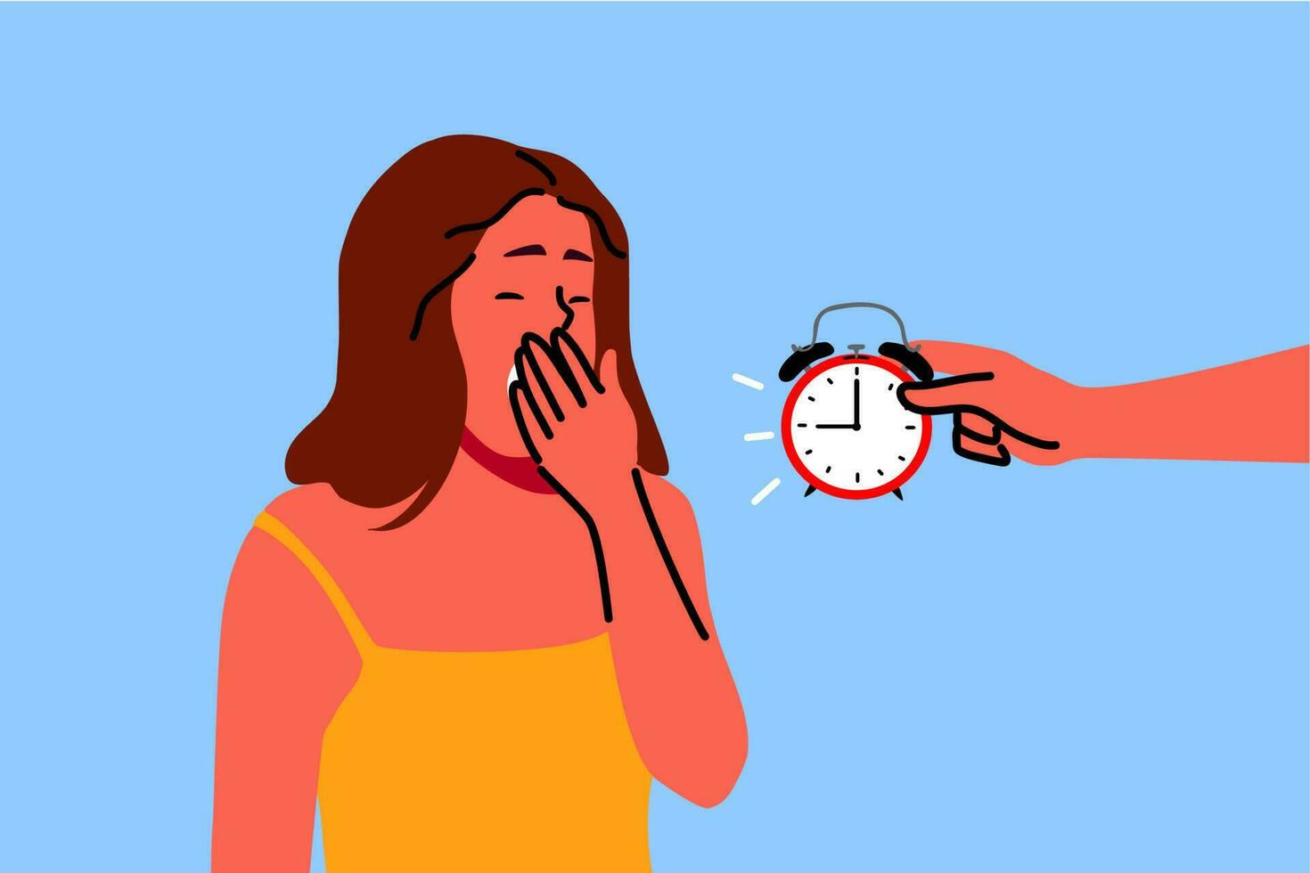 Health, care, dream, relaxation concept. tired young woman yawning with closed eyes exhausted after long hard day and invisible person holding alarm clock showing late time. Time sleep or wake up. vector
