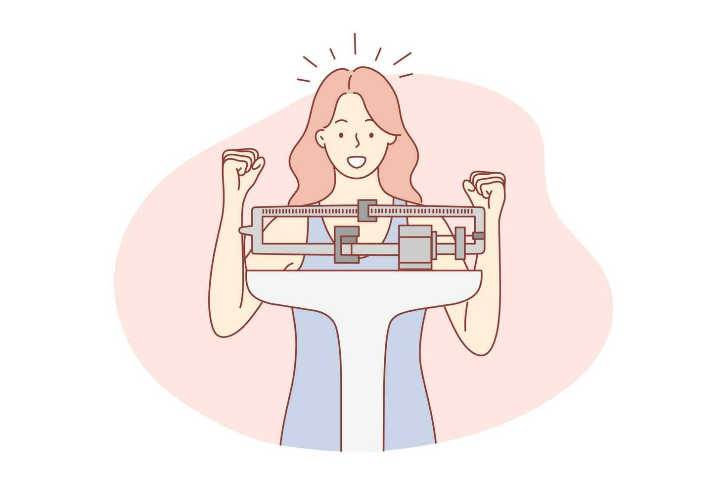 Health, diet, weight, goal achievement, success concept. Young happy woman girl stand on scale delighted to lose excess kilogramms on diet. Reaching purpose and winning or accomplishment. vector