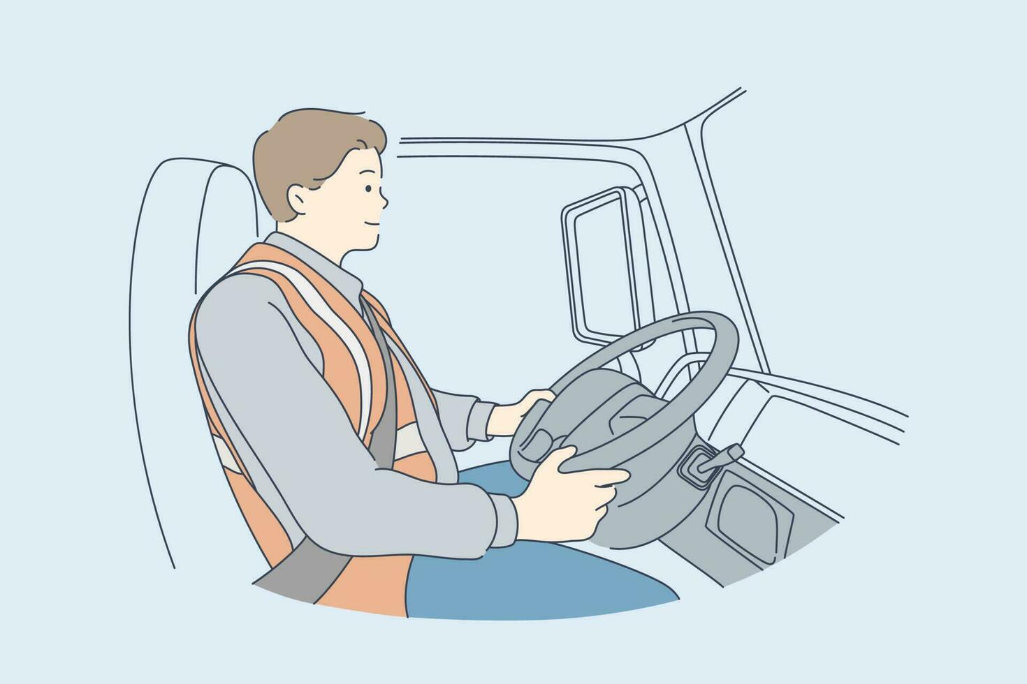 Delivery, driving concept. Young man or boy car driver cartoon character. Truck driver sitting in cabin of vehicle looks on road. Delivering services transportation and trucking industry illustration. vector