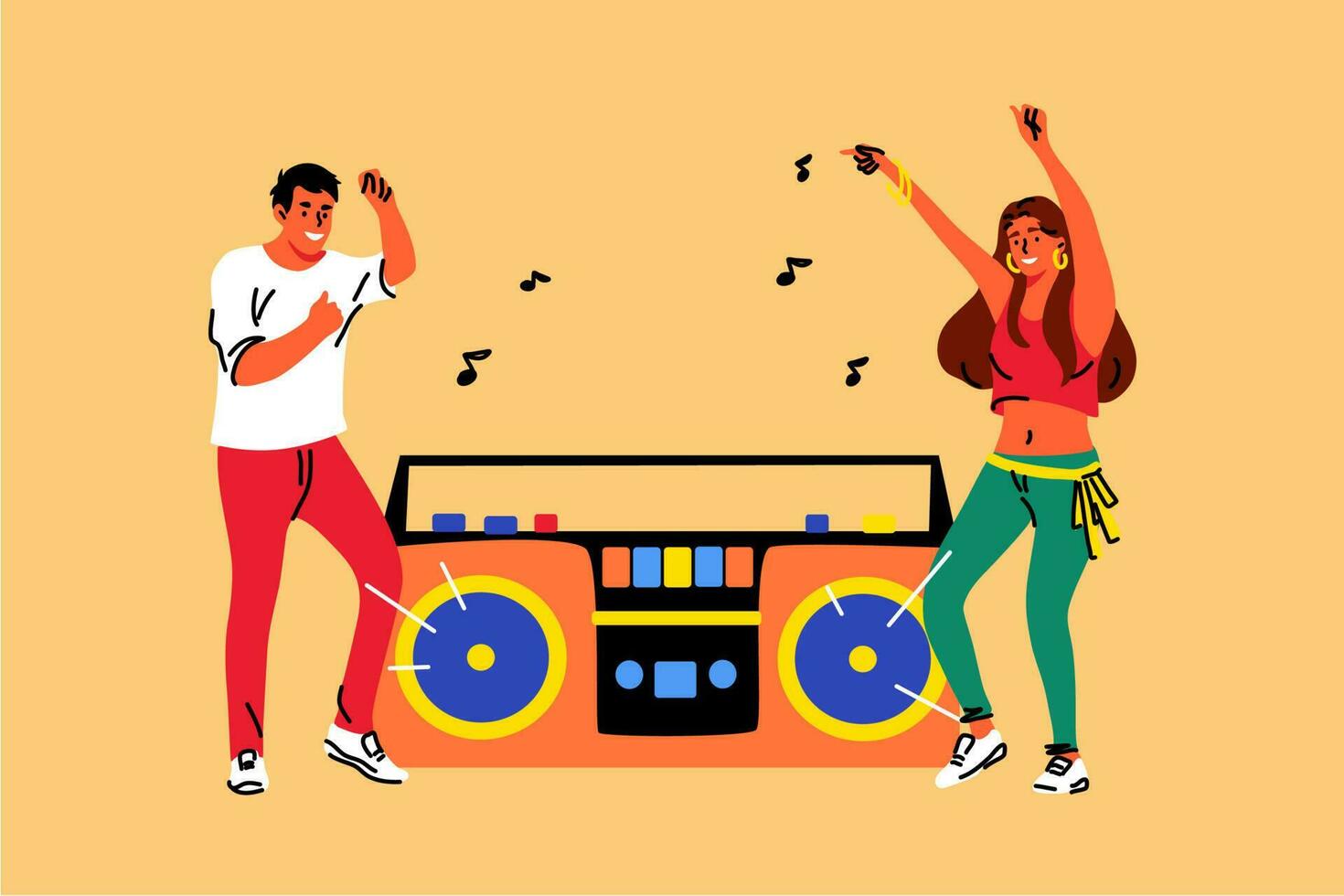 música, bailar, estilo de vida, recreación, amistad fiesta concepto. joven Pareja hombre mujer novio Novia amigos adolescentes dibujos animados caracteres bailando cerca grande grabadora. teniendo divertido y celebracion. vector