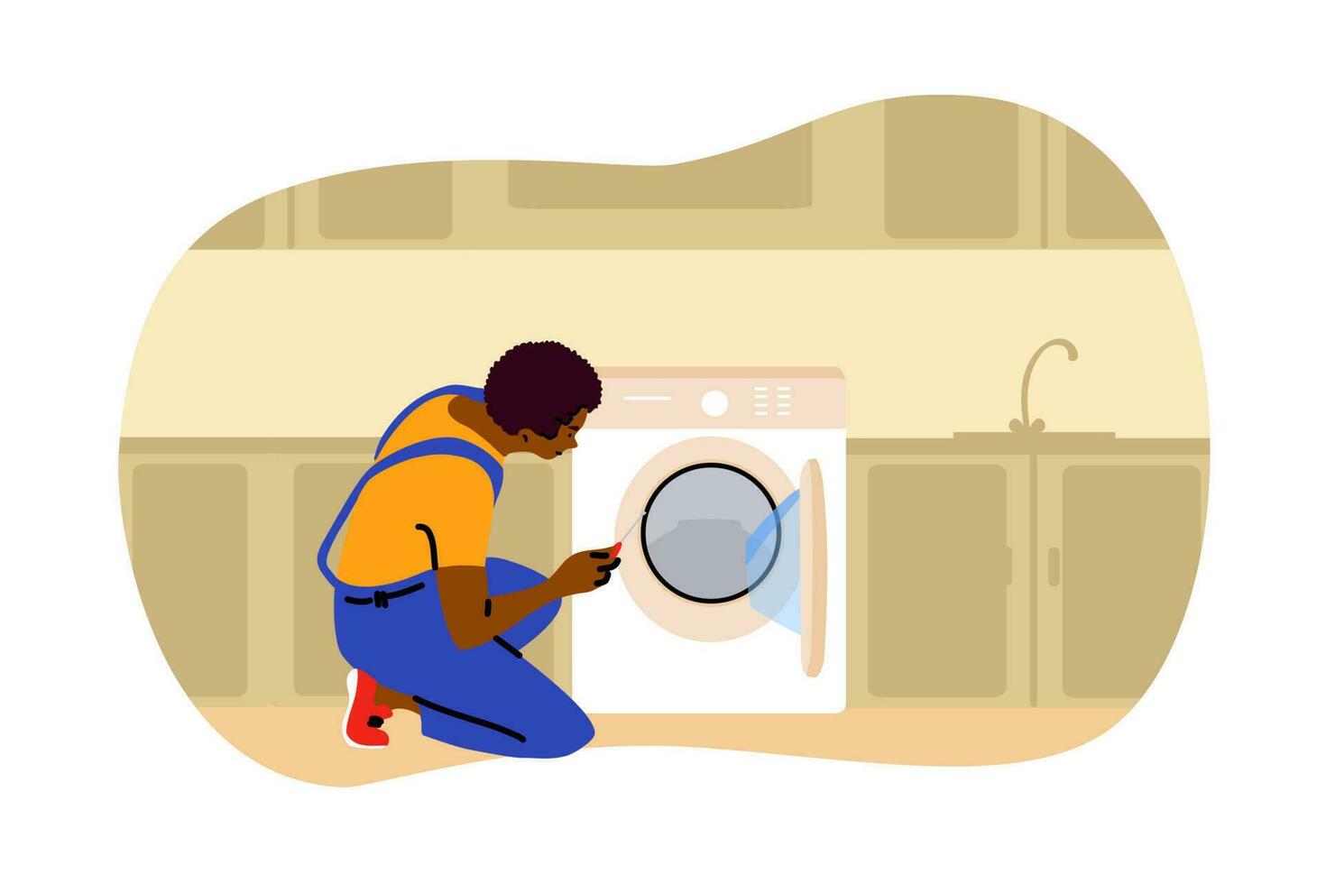 Repair, laundry, work, replacement concept. Young african american man plumber worker mechanic character repairing replacing washing machine at home. Domestic tools equipment maintenance illustration. vector