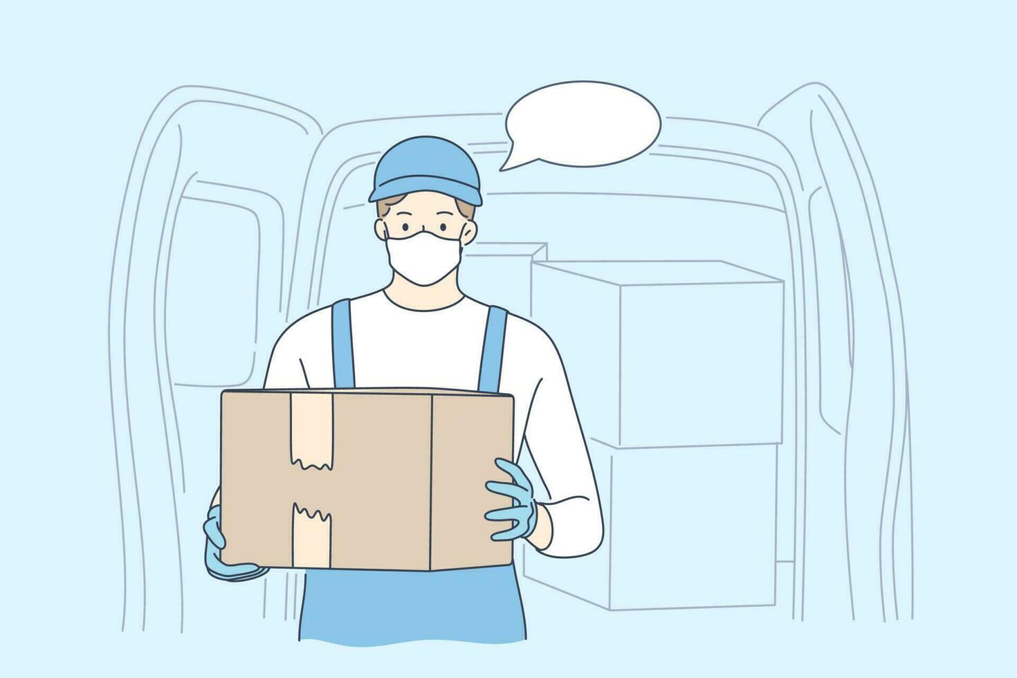 Delivery, quarantine, covid19, coronavirus, infection concept. Young man or boy supplier in medical face mask standing with mail box package looking at camera. Home food delivery on 2019 ncov lockdown vector