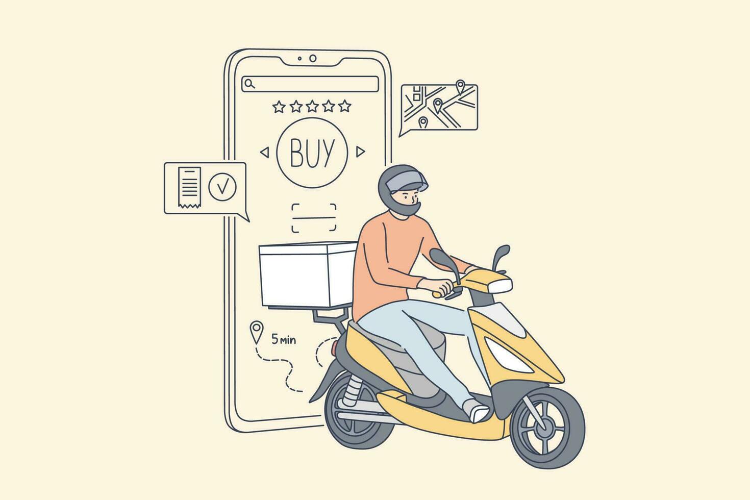 compras, rápido entrega, digital marketing, cuarentena coronavirus concepto. hombre chico proveedor dibujos animados personaje va a orden en scooter. solicitud compras utilizando teléfono inteligente en encierro ilustración vector