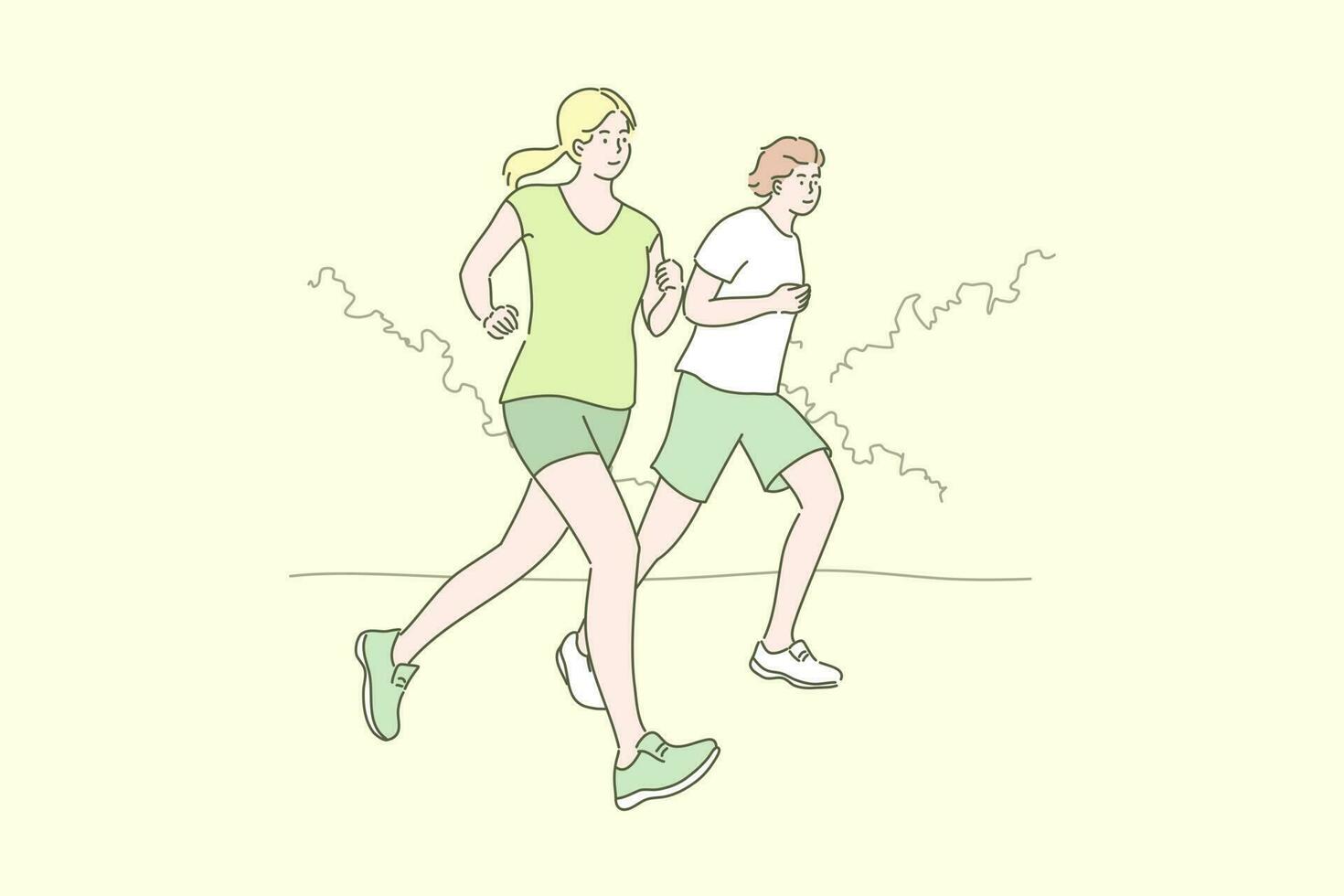 Sport, jogging, workout concept. Young happy smiling couple man woman boyfriend athletes cartoon characters and girlfriend running at park together. Summer recreation and active lifestyle illustration vector
