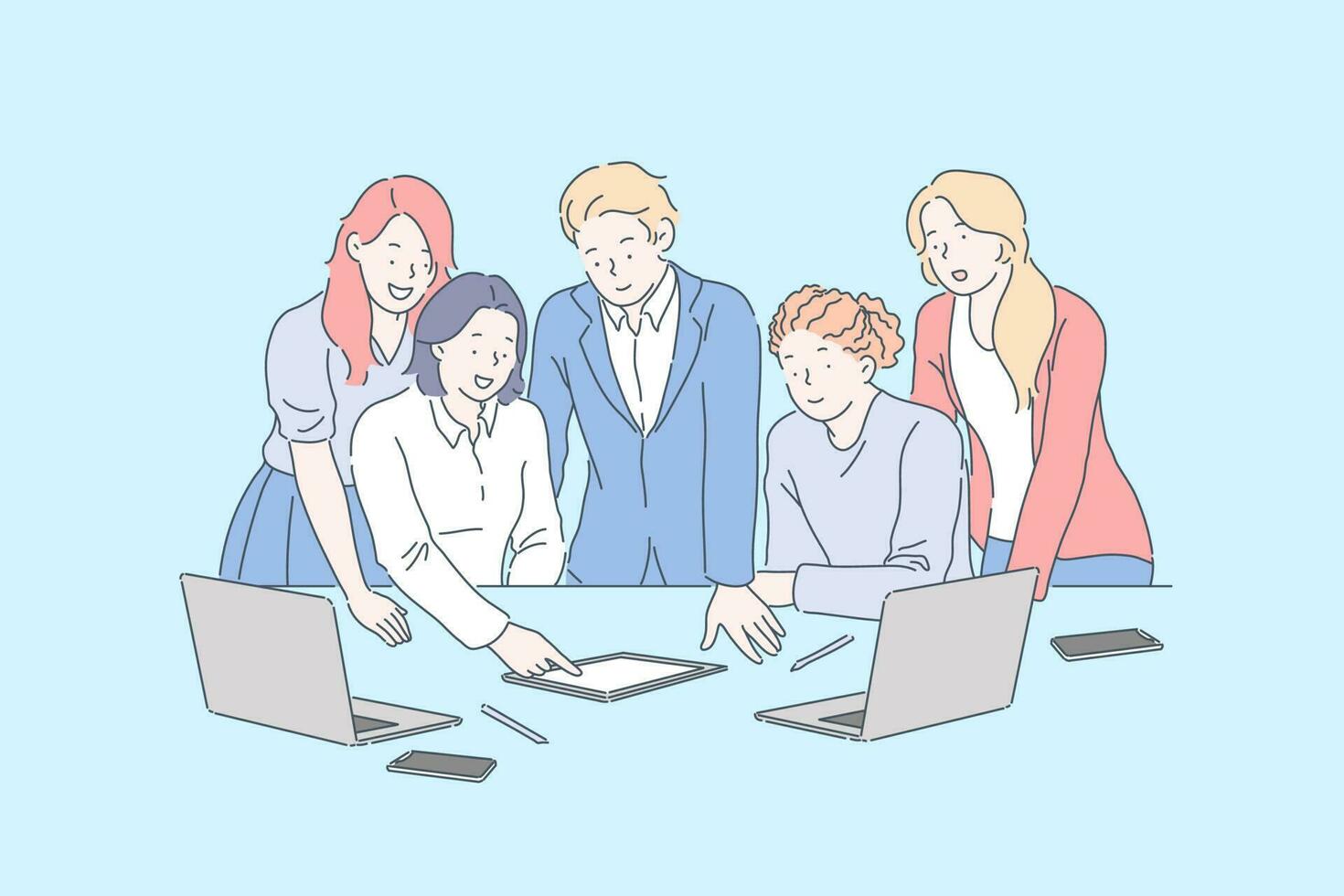 Positive workplace environment, business meeting concept. Coworkers discussing company project with laptops, colleagues watching presentation on tablet. Simple flat vector