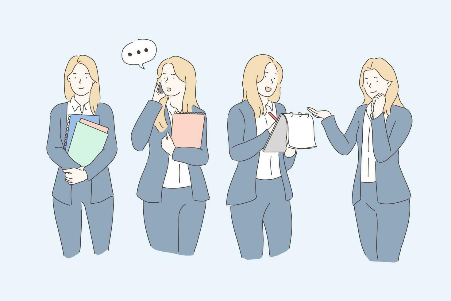 Business, planning, communication, presentation set. Young businesswoman or lady is busy with work management , customer service. Teacher or student preparing for the test. Vector flat design.