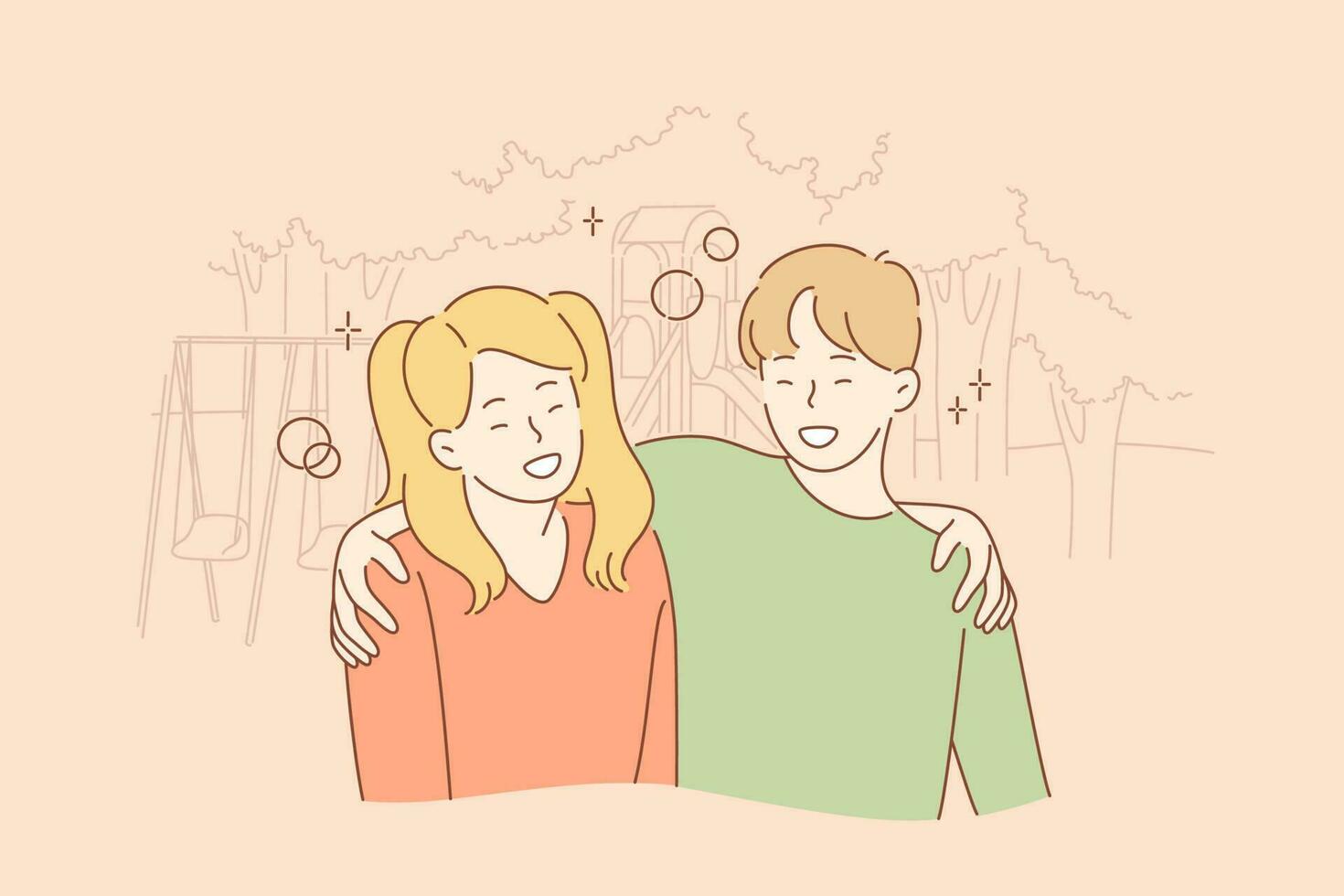 Hugging, happiness concept. Cartoon characters young happy smiling boy and girl brother sister teenagers siblings standing in park and embracing together. True friendship and family care illustration. vector