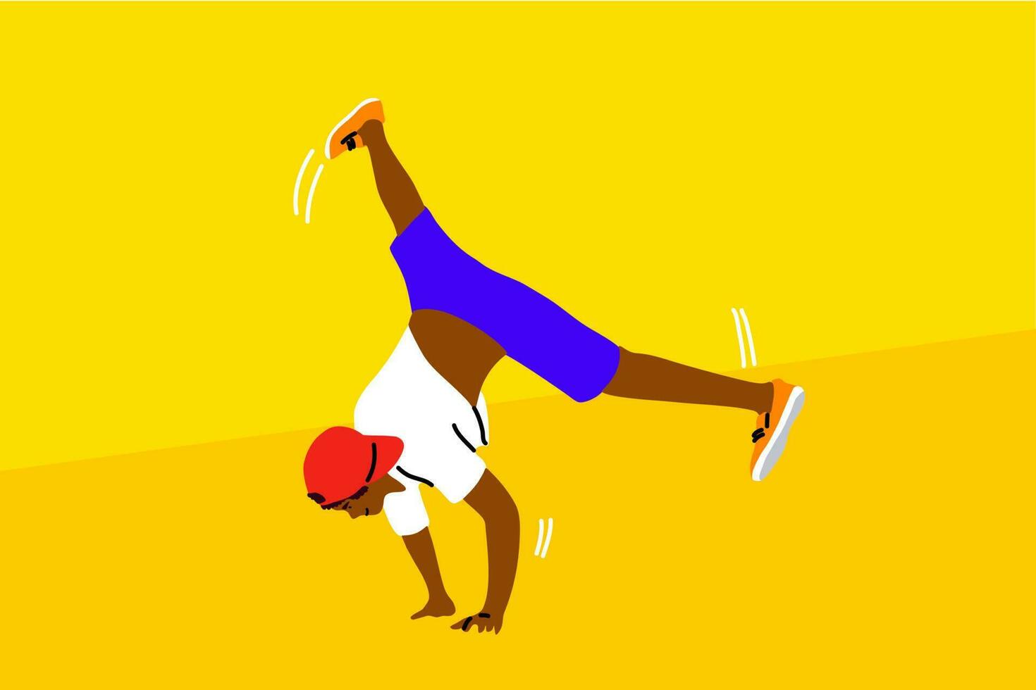 Dance, hip hop, sport, competition, performance, recreation concept. Young athletic man guy b-boy cartonn character standing hands and dancing break dance doing downrock. Active lifestyle illsutration vector