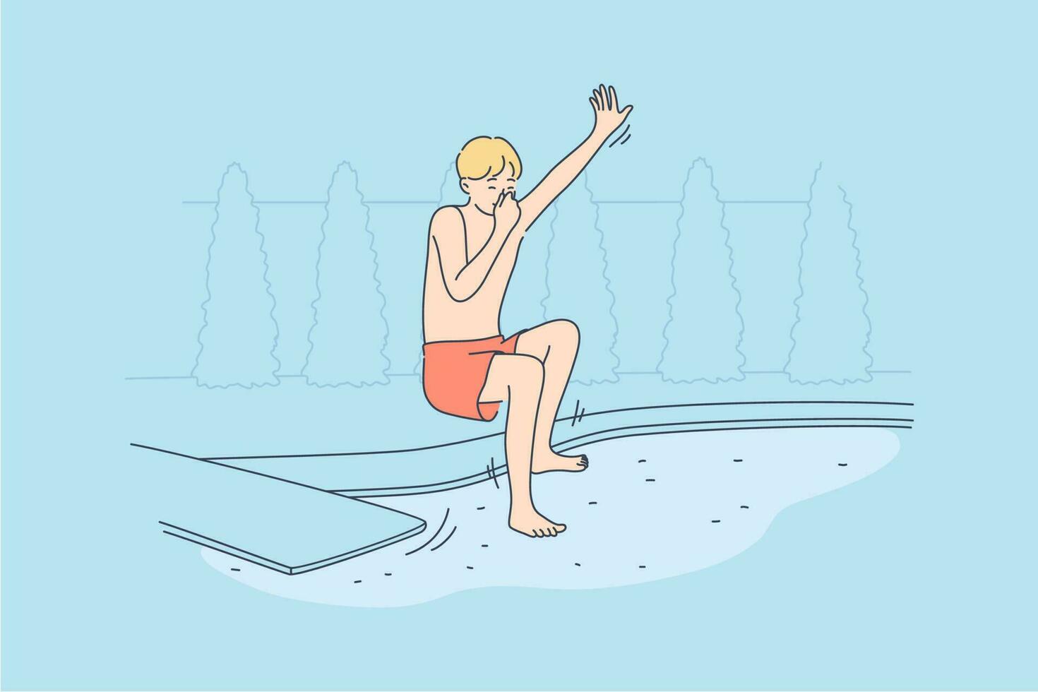 Sport, fun, recreation, holiday, vacation concept. Young happy cheerful child kid boy teenager cartoon character jumping in water swimming pool. Summer recreation funny active lifestyle illustration. vector