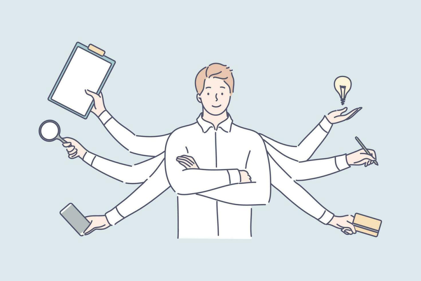 Multitasking, business efficiency, overload, professional competence concept. Young effective overloaded businessman, boy professional clerk competent manager leader with many hands. Multitasking. vector