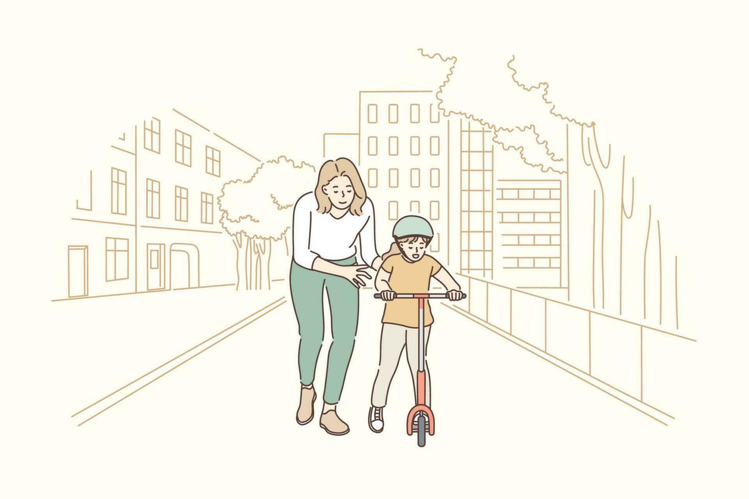 Motherhood, riding, childhood, training concept. Cartoon characters young woman mother teaching boy kid son teenager ride scooter. Family care mothers day and active summer recreation illustration. vector