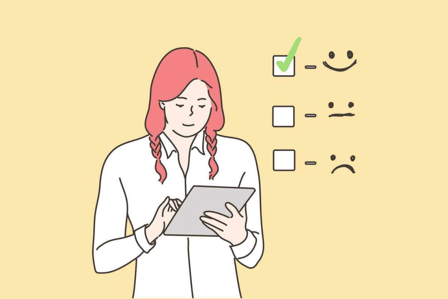 Customer assessment, business concept. Young happy smiling businesswoman cartoon character giving excellent rating for online survey on tablet. Marketing research and client experience illustration. vector