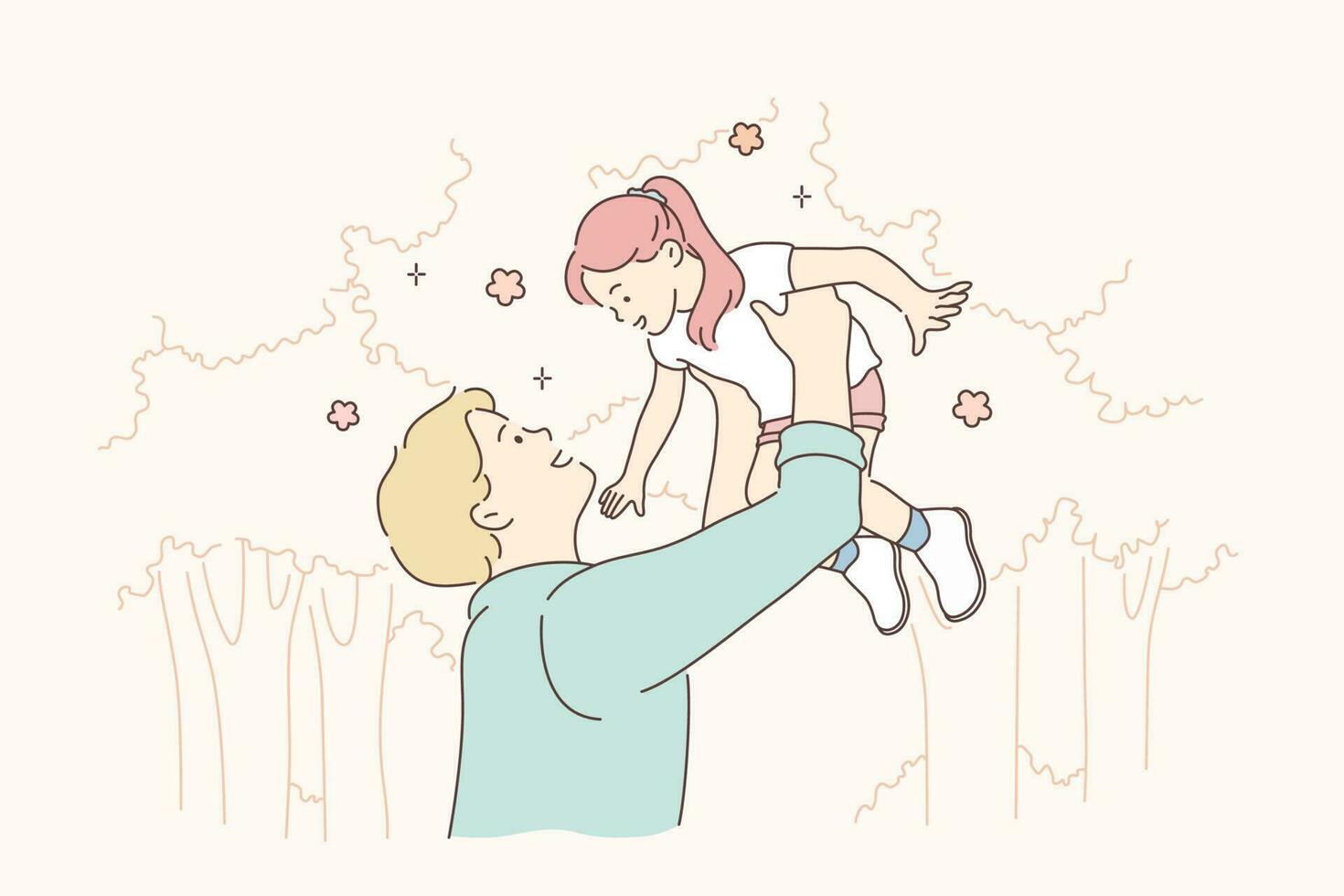 Childhood, fatherhood, game concept. Cartoon characters young man father playing with daughter, holding happy child girl in hands at park. Family fathers day and active summer recreation illustration. vector