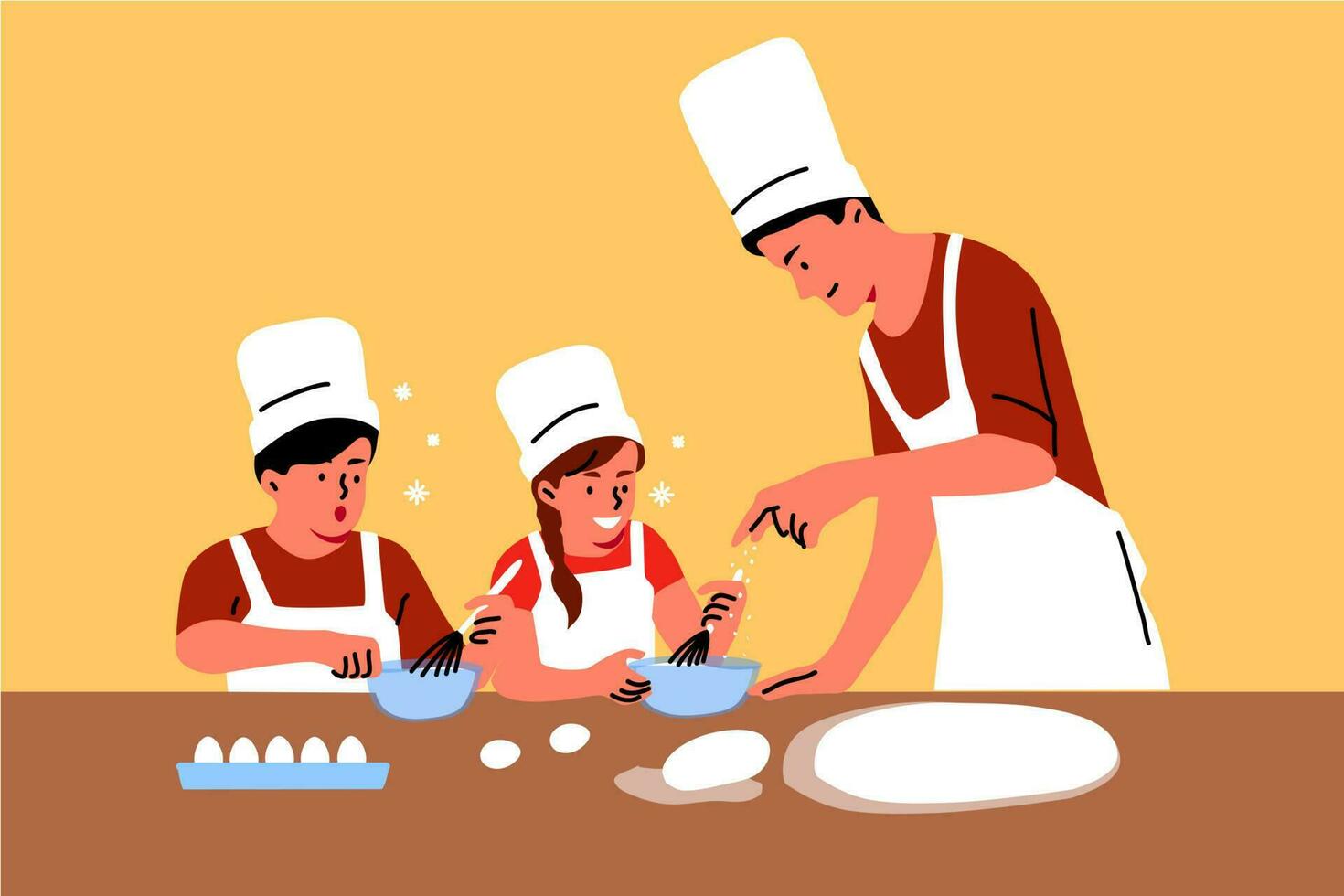 Family, education, fatherhood, childhood concept. Young man dad teaching cooking skills and meal receipts children boy girl kids. Preparing food for lunch dinner breakfast or fathers day illustration. vector