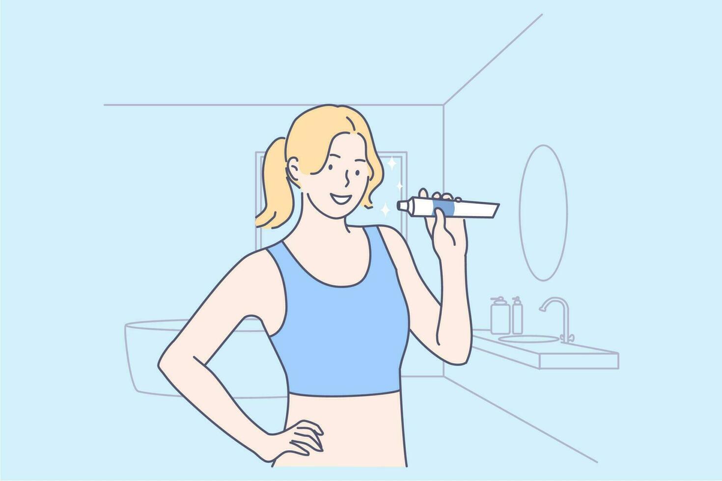 salud, dientes, cuidado, anuncio concepto. joven contento mujer o niña dibujos animados personaje en pie en baño con pasta dental y sonriente. sano estilo de vida Doméstico diario Mañana rutina ilustración. vector