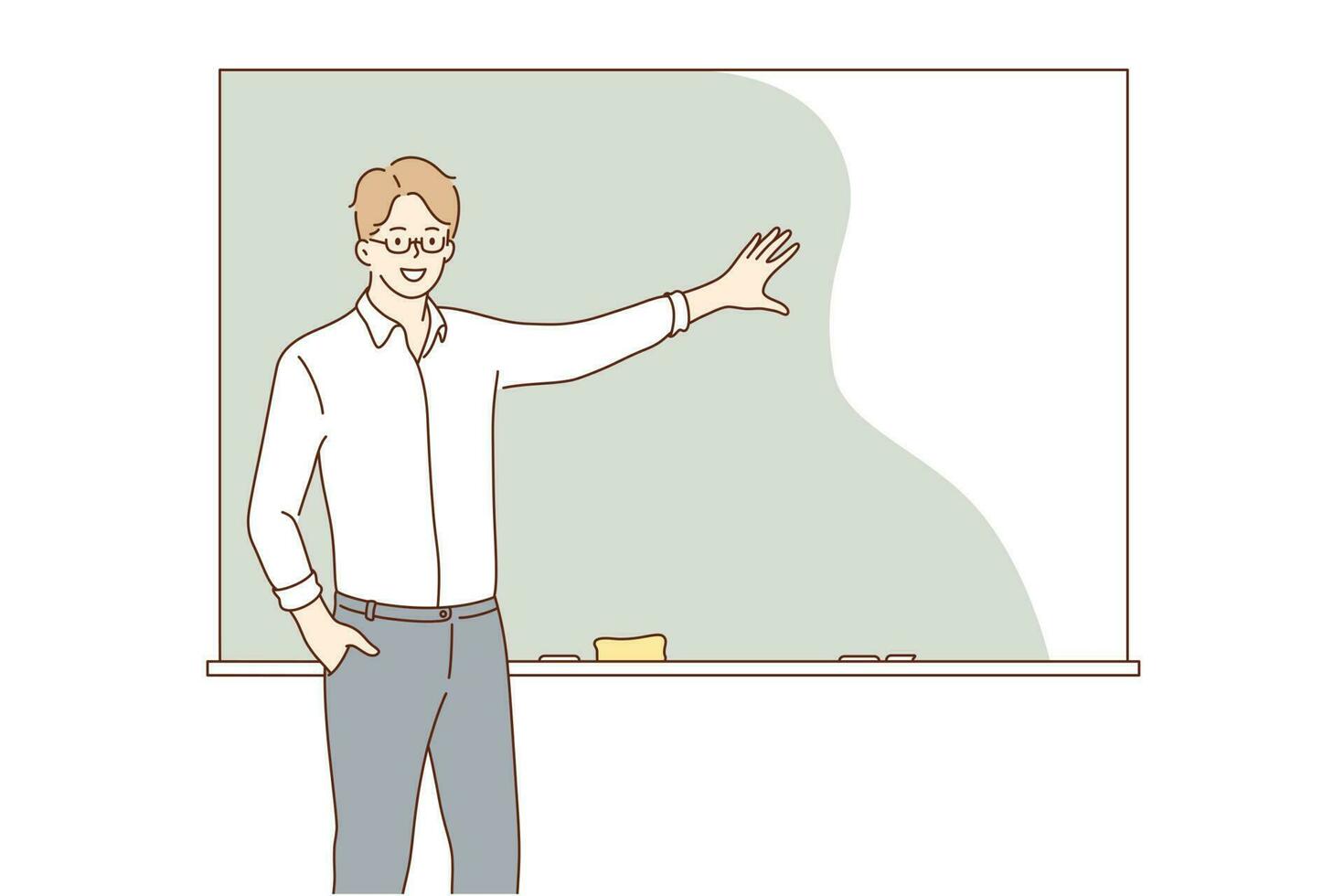 Education, training, explanation, lecture concept. Young hapy smiling man guy student teacher lecturer character explaining material on school lesson near blackboard. Educational process at university vector