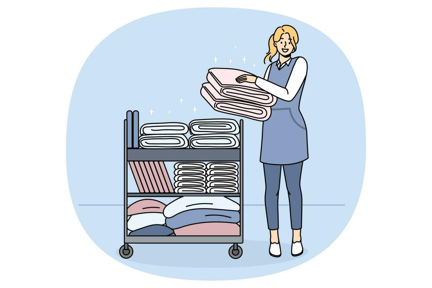 Smiling housekeeper with trolley with clean towels vector
