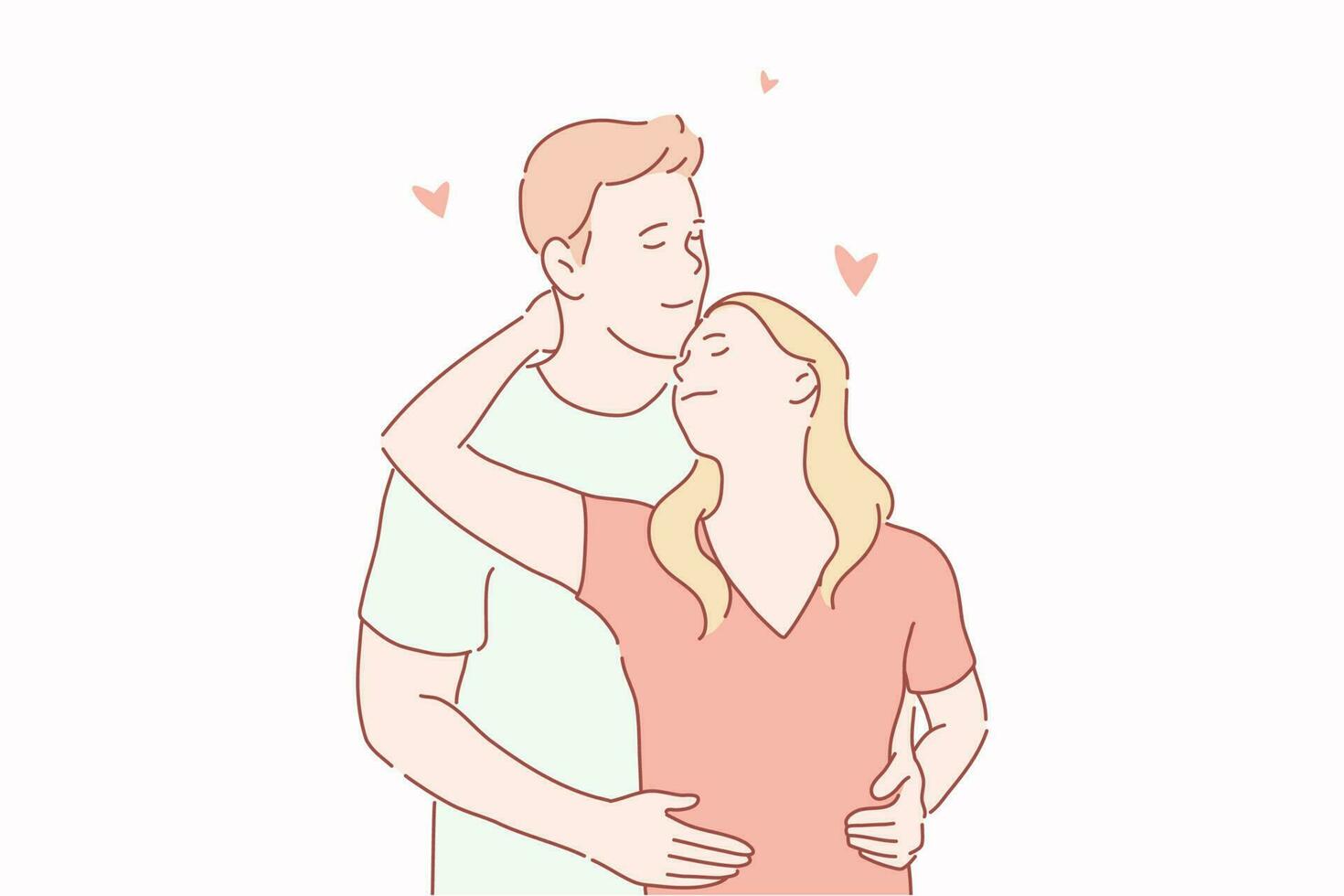 amar, recién casados, familia, simpatía concepto. joven Pareja amante hombre y mujer abrazando, disfrutando cada otro. conocido de niña y chico, preludio de tocar. romántico satisfacción. sencillo plano vector. vector