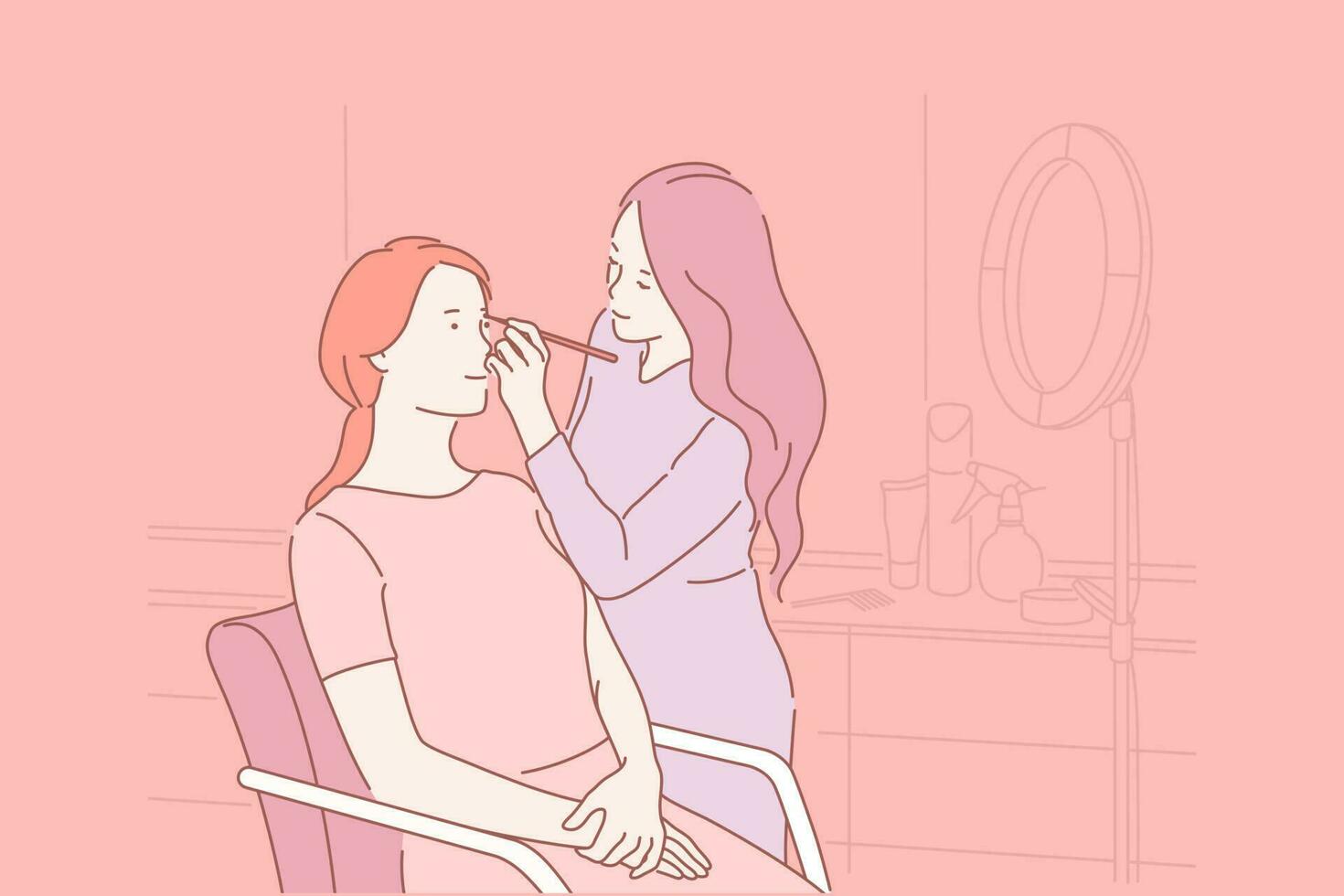 Care, beautiful, makeup, depilation concept. Young woman uses the services of makeup artist in beauty salon. Teenage girl loves to take care of appearance. Eyebrow correction. Flat simple vector. vector