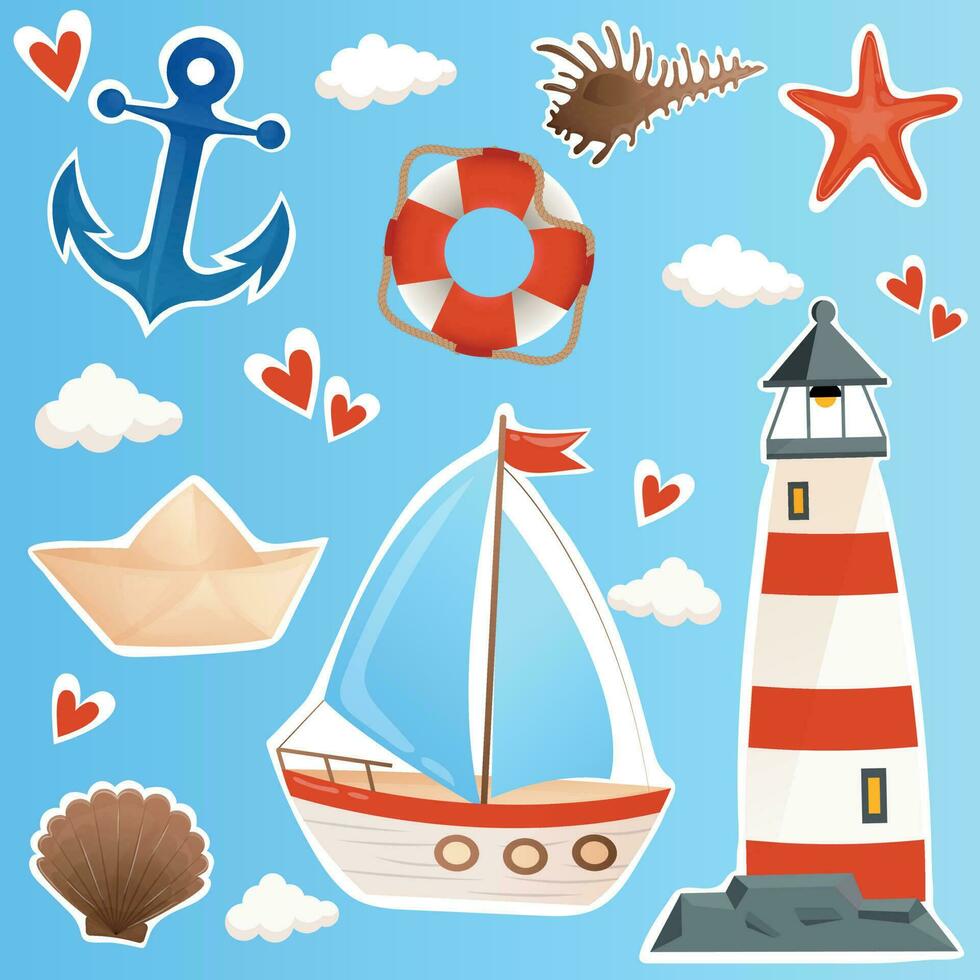 Big bright summer marine set with anchor, paper boat, striped life buoy, red starfish, brown shell, clam, beautiful sailboat, lighthouse, red hearts and clouds vector