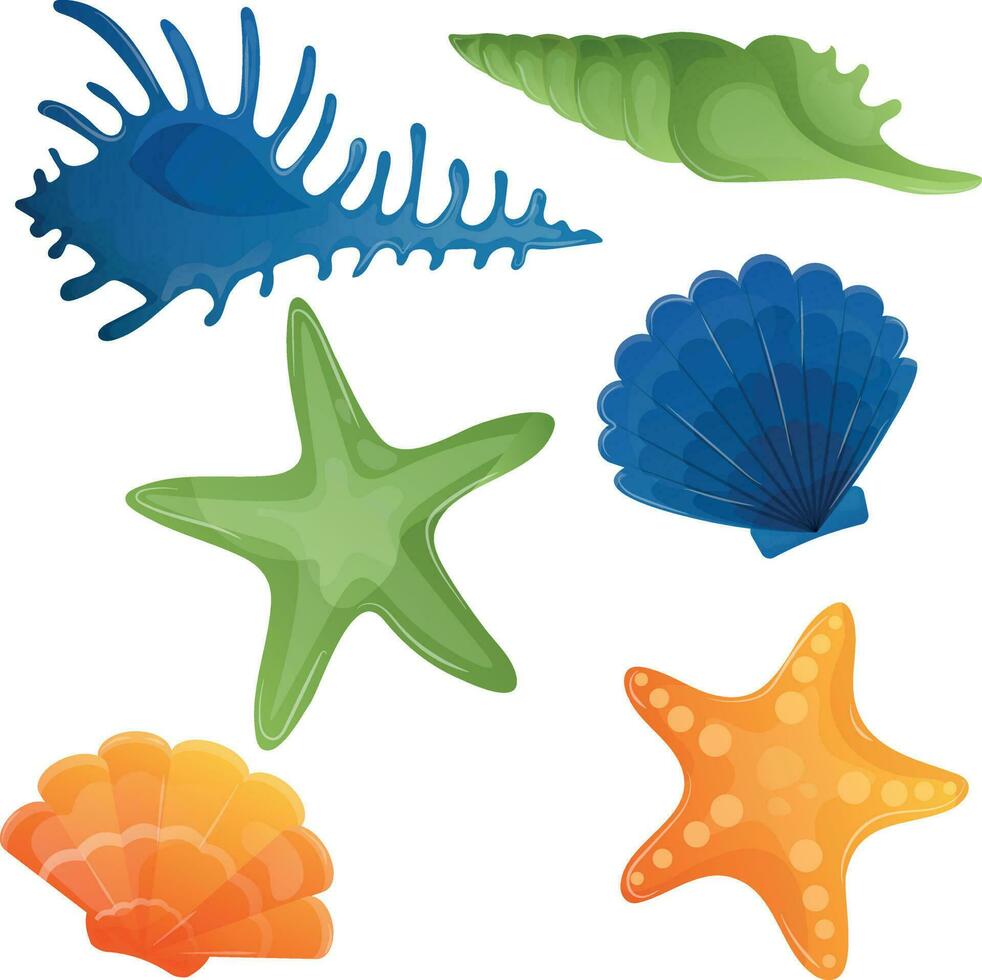 Set of different bright sea shells and starfish on a white background. Summer stickers with marine inhabitants. Blue, green and orange shells of an unusual shape without a background vector