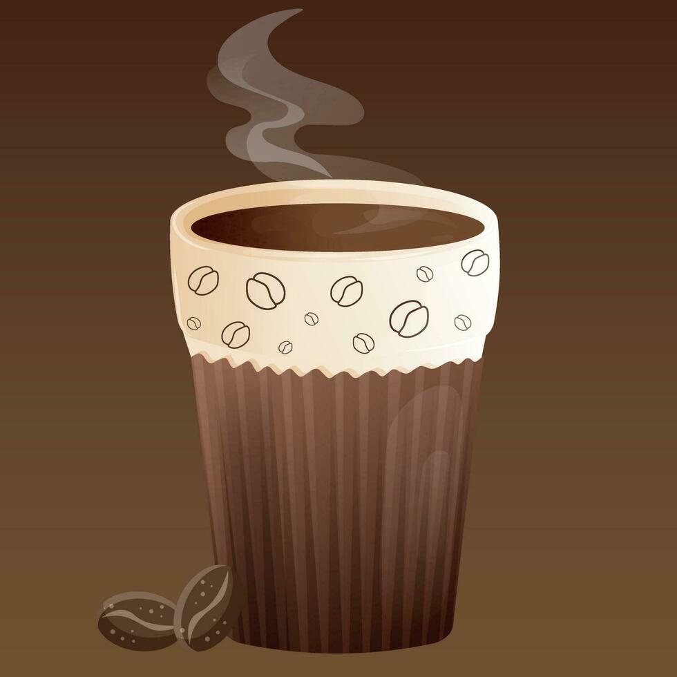 Tall brown cup of coffee with coffee bean drawings and steam on a brown background. Realistic glass mug with coffee beans on the side for coffee shop vector