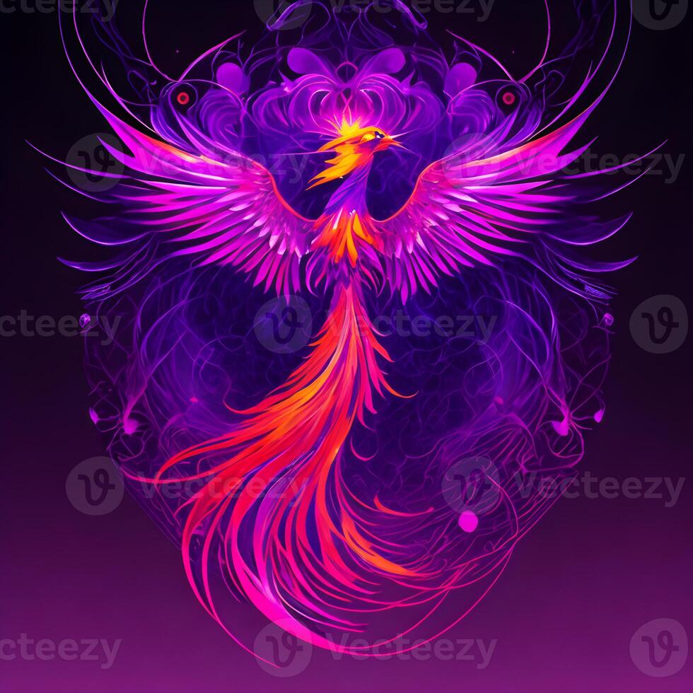 Light neon style art portrait of a phoenix, photo