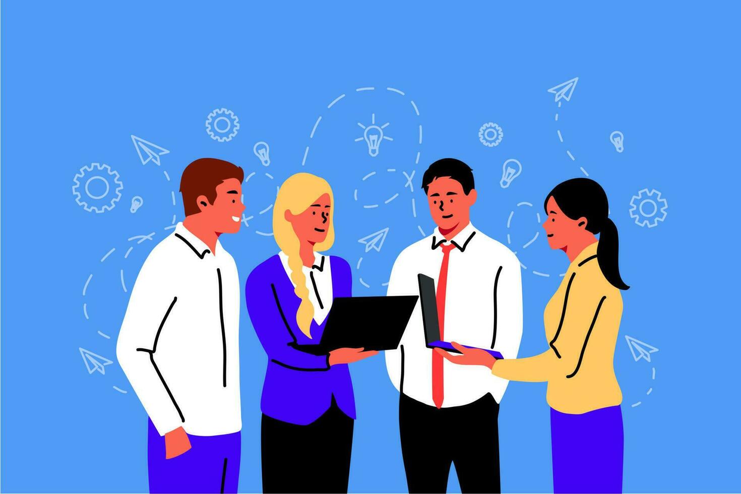 Meeting, coworking, teamwork, business concept. Team business people businesswomen coworkers men clerks managers partners collaborate together at office. Discussion and planning strategy illustration. vector