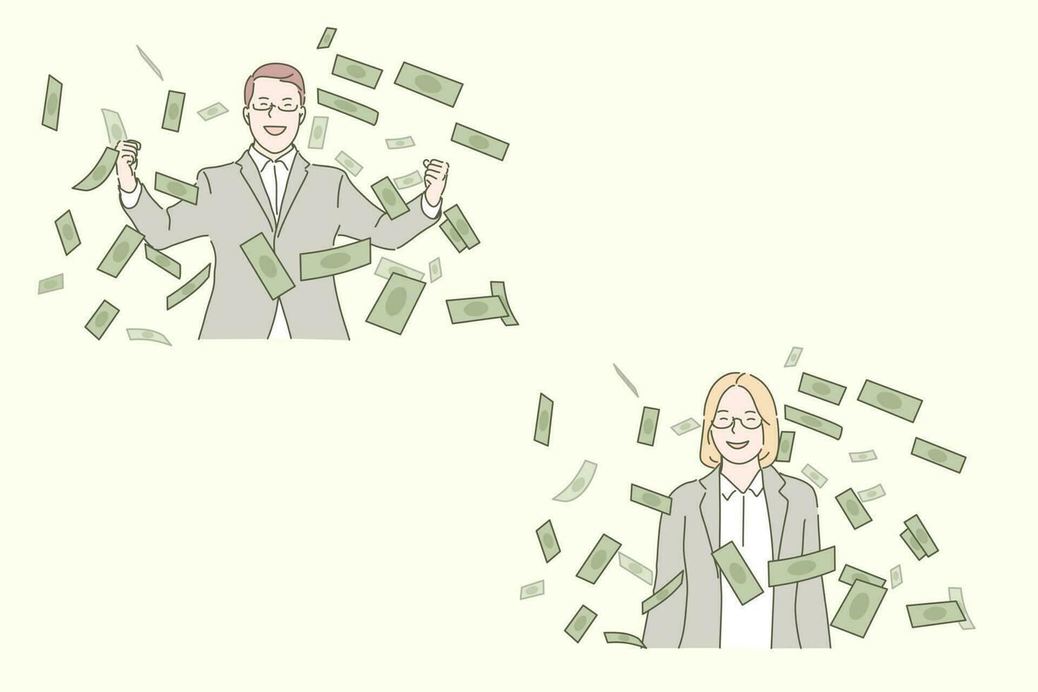 Business success, profitable deal concept. Businesspeople and cash notes, entrepreneurs and money, successful project, progress, smiling man and woman in formal suits. Simple flat vector