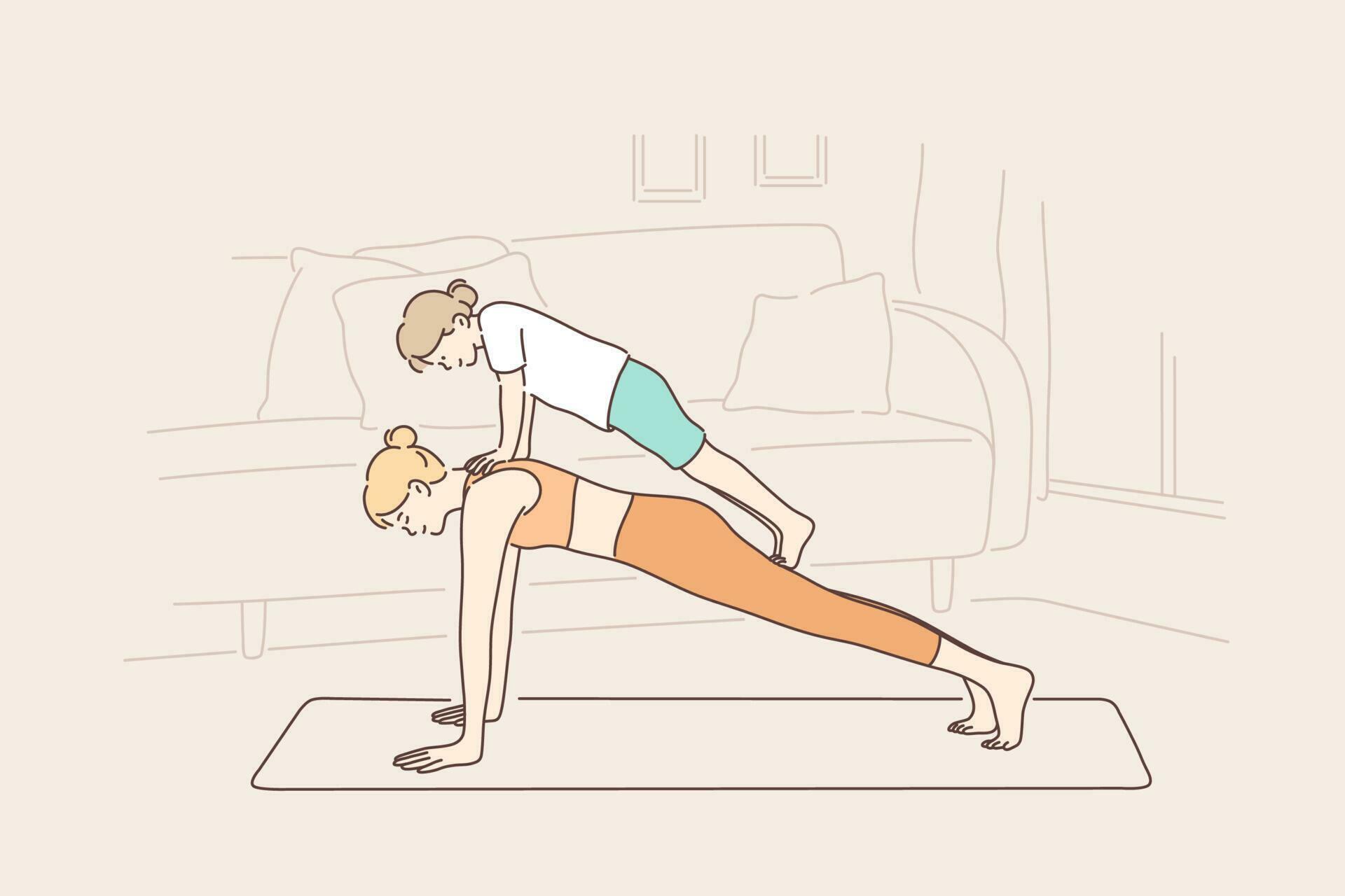 Motherhood, workout, childhood, sport concept. Cartoon characters woman