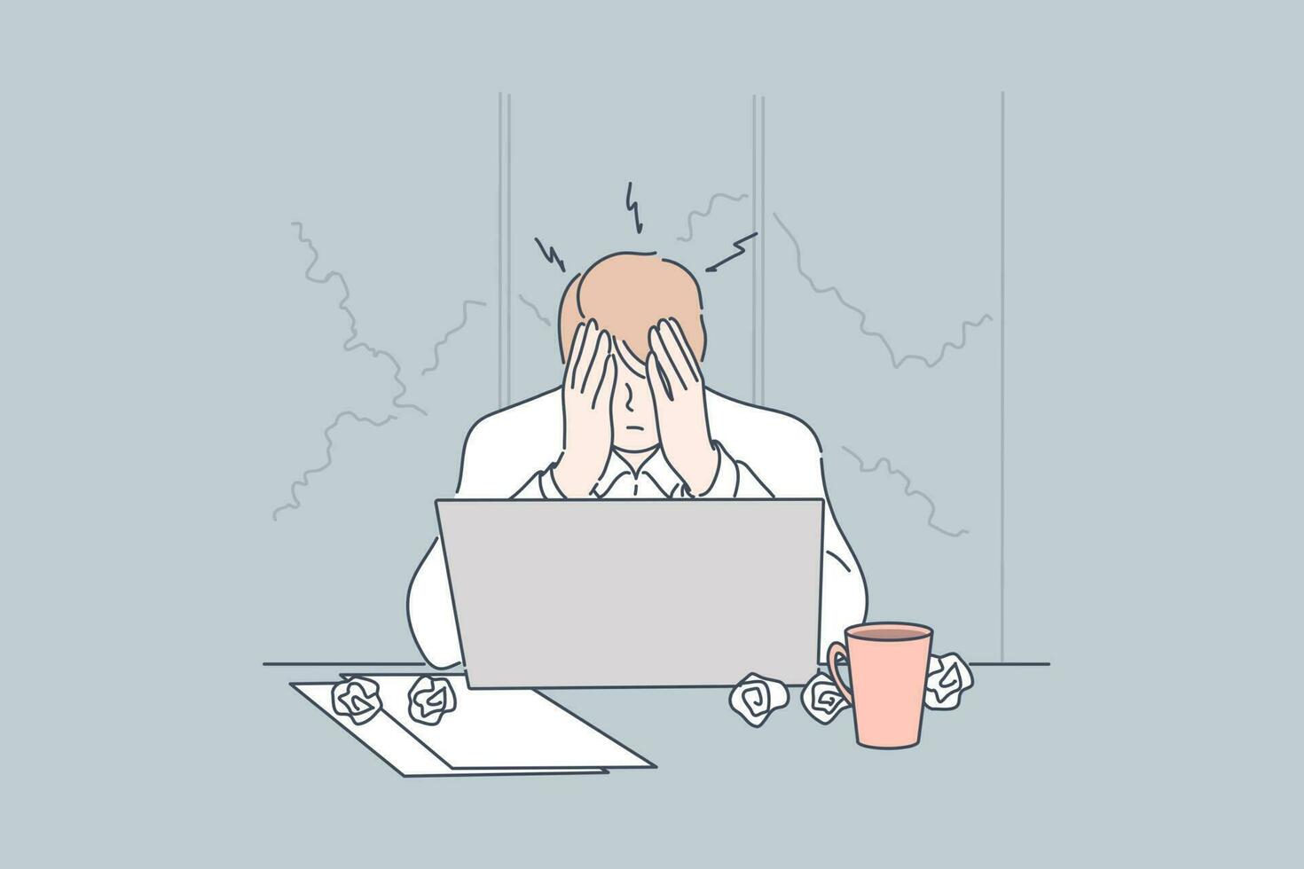 Stress, depression, frustration, overworking, fatigue business concept. Young frustrated depressed businessman, boy clerk manager sits on workplace at office. Mental work stress. Overworking, headache vector