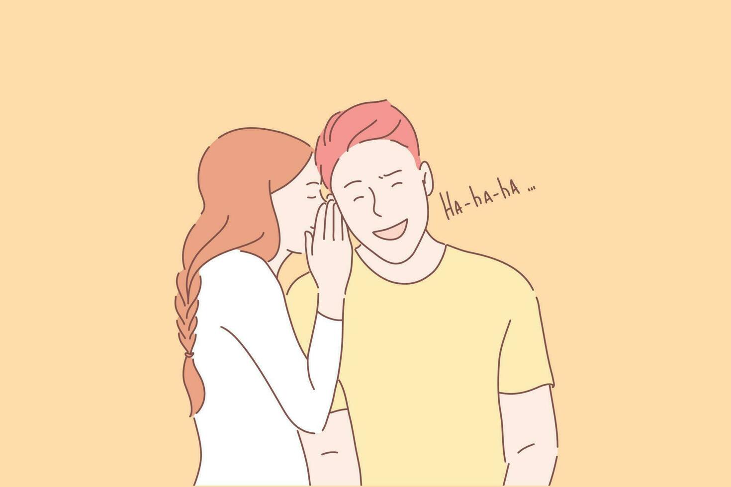 Telling jokes, funny secrets, gossiping concept. Young girl sharing secrets, whispering in sweetheart ear. Cute boy laughing at girlfriend story. Romantic relationships. Simple flat vector